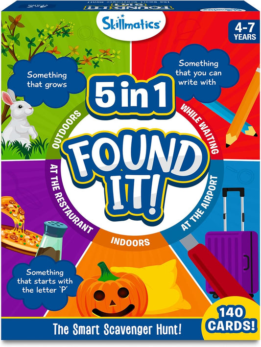 Skillmatics Scavenger Hunt Card Game - Found It 5 in 1 Megapack, Fun Family Game, 140 Cards, Search and Find, Learning & Travel Toy, Gifts for Kids, Boys, Girls, Ages 4, 5, 6, 7