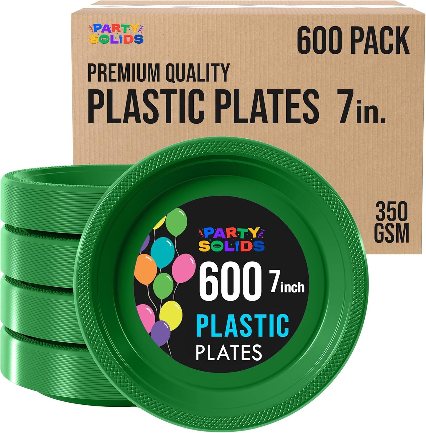 Party Solids Green Plastic Plates Bulk 7" Green Disposable Plates For Party Supplies 600 Pieces Disposable Dinner Plate Heavy Duty 350 GSM Plate Sets, Plastic Dinnerware Sets