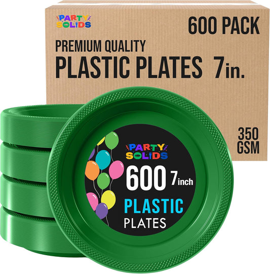 Party Solids Green Plastic Plates Bulk 7" Green Disposable Plates For Party Supplies 600 Pieces Disposable Dinner Plate Heavy Duty 350 GSM Plate Sets, Plastic Dinnerware Sets