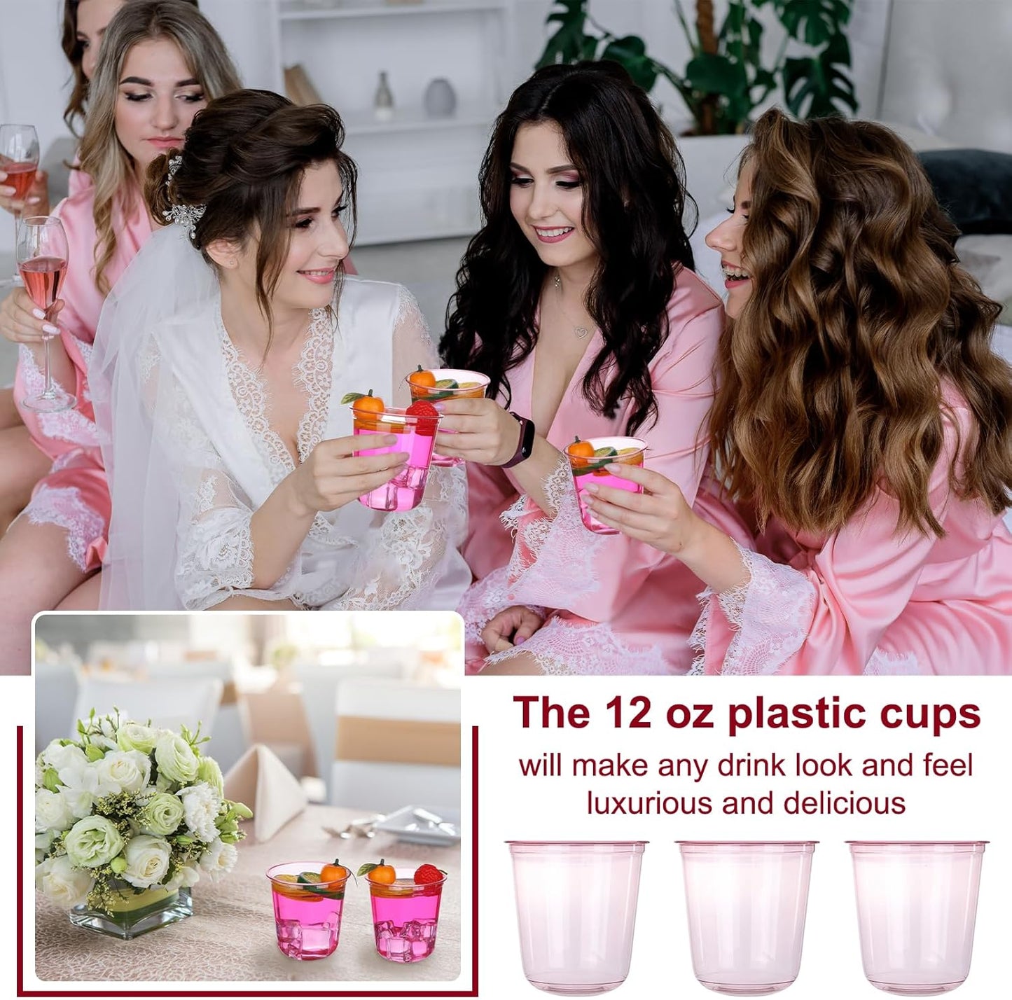 100 Pcs 12oz Plastic Pink Cups Disposable Stemless Wine Glasses Clear Cocktail & Dessert Cold Drinking Cups for Meeting Wedding Birthdays Summer Holiday Party Supplies