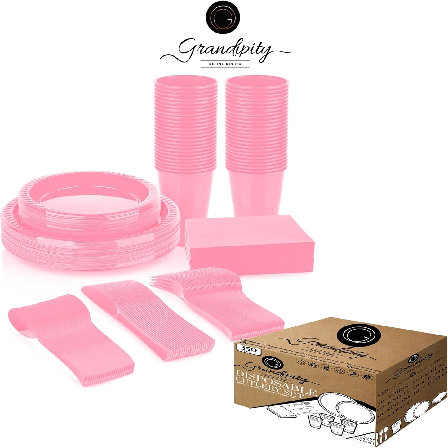 Grandipity 350 Piece Pink Disposable Dinnerware Set, Includes 50 of Each: 9" Dinner Plates, 7" Dessert Plates, 12oz Cups, Paper Napkins, Forks, Knives & Spoons