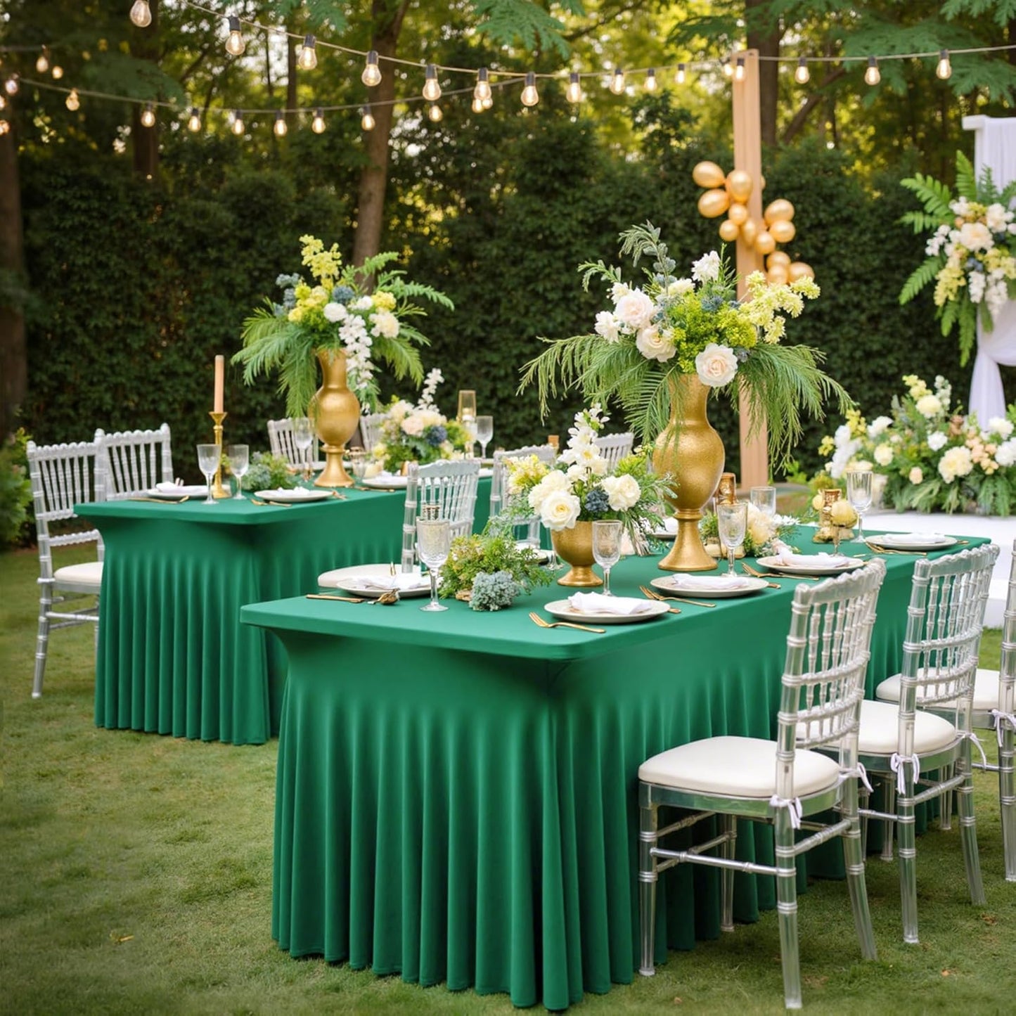 4 Pack Emerald Green Spandex Table Clothes for 8 Foot Rectangle Tables, Wrinkle Free Fitted Table Cover 8ft Green Stretchy Tablecloths with Skirt for Parties Weddings Birthday Banquet Baby Shower