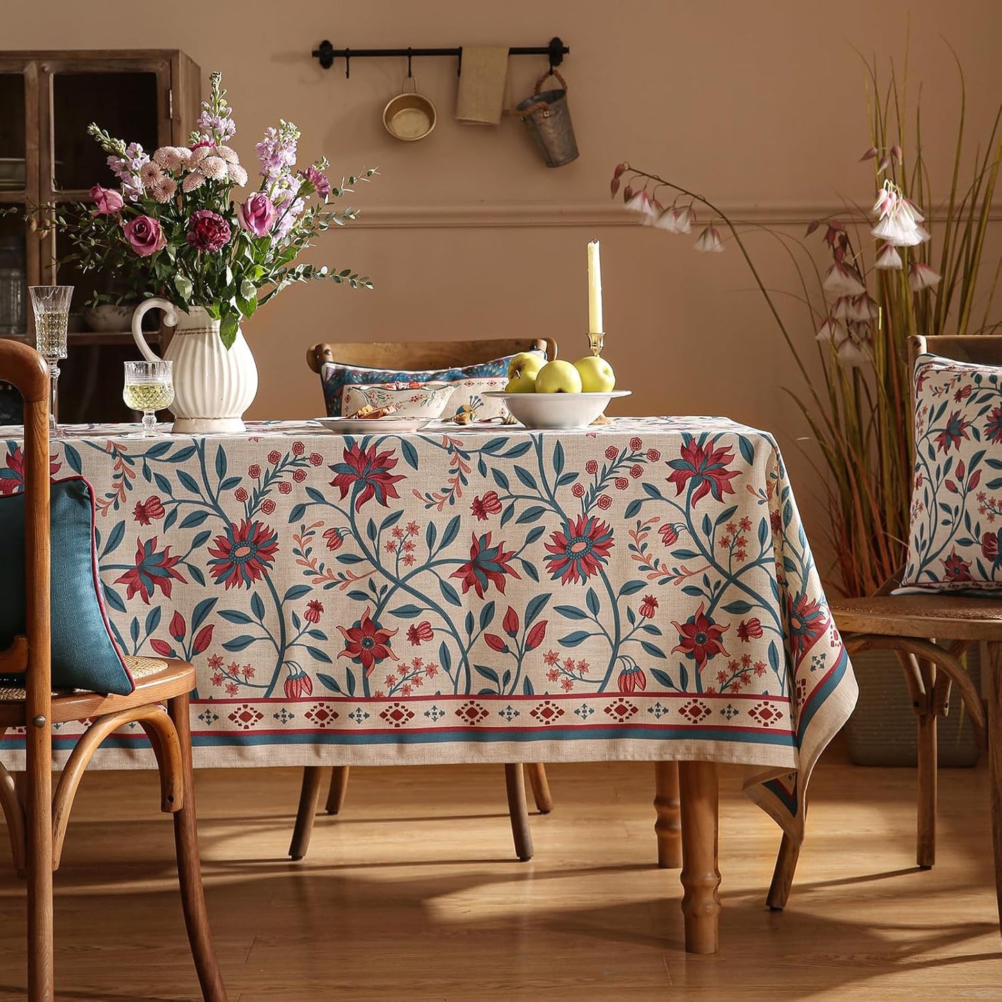 Designer Linen Rectangle Tablecloth,Vintage William Morris Wrinkle Resistant Floral Table Cloth,Decor Table Cover for Kitchen,Dining,Thanksgiving,Christmas,Party,63"*87"-Dorodango B