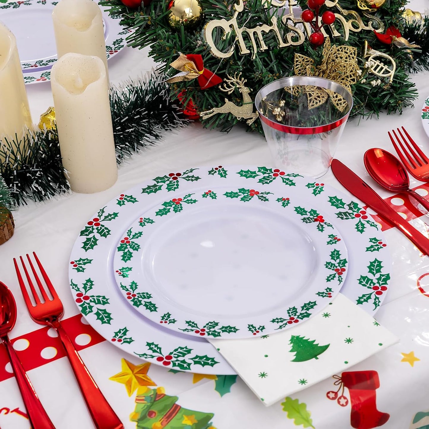 GATHER 176Pcs Christmas Plastic Plates - Green Christmas Plates Disposable and Red Cutlery Set Includes 50 Plate 75 Plastic Silverware 25 Cups 25 Napkins and 1 Tablecloths for Xmas Party