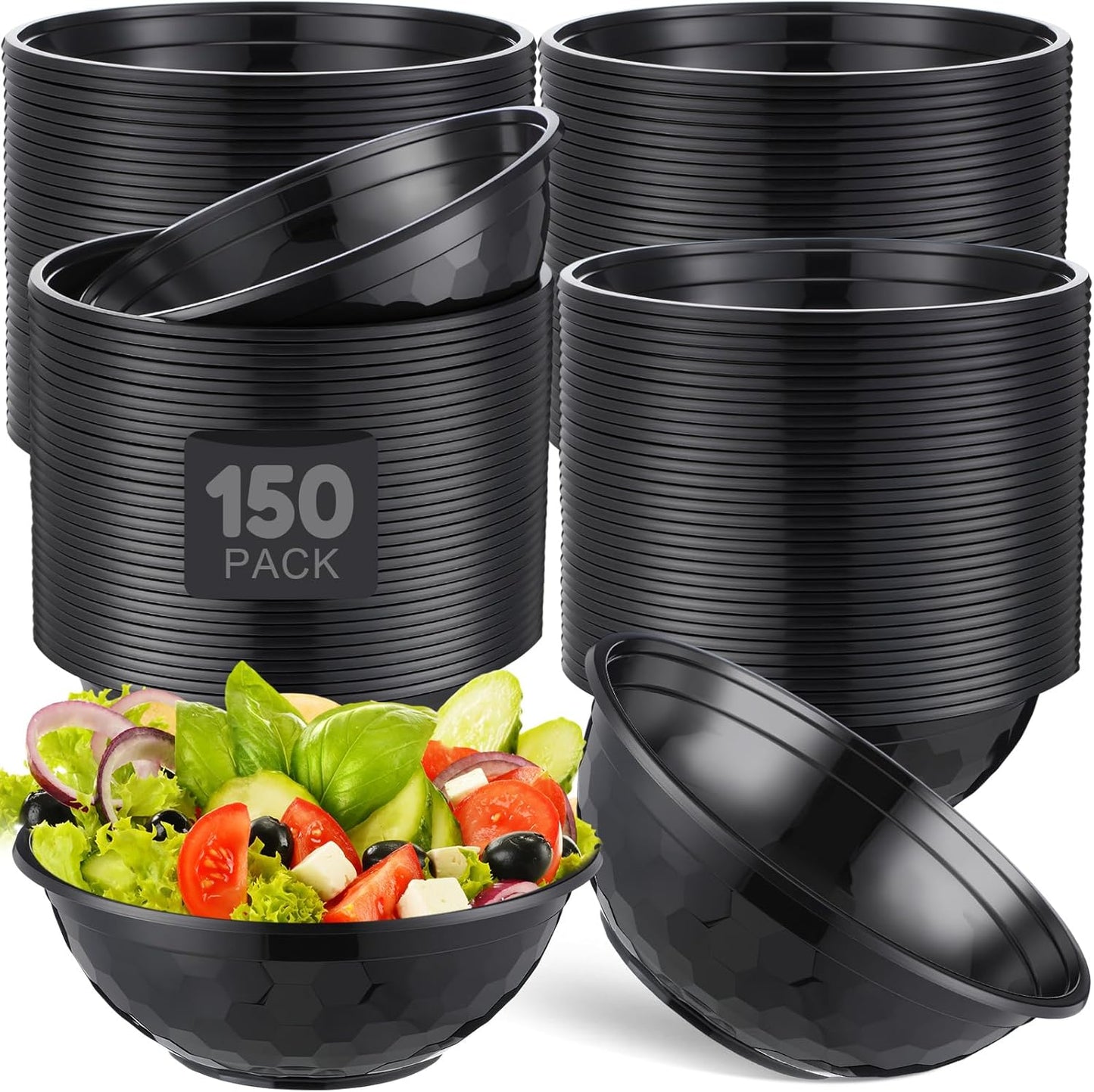150 Pack 32oz Black Disposable Plastic Bowls Plastic Salad Bowls Large Stackable Serving Soup Dinnerware for Birthdays, Weddings, Parties, Festivals