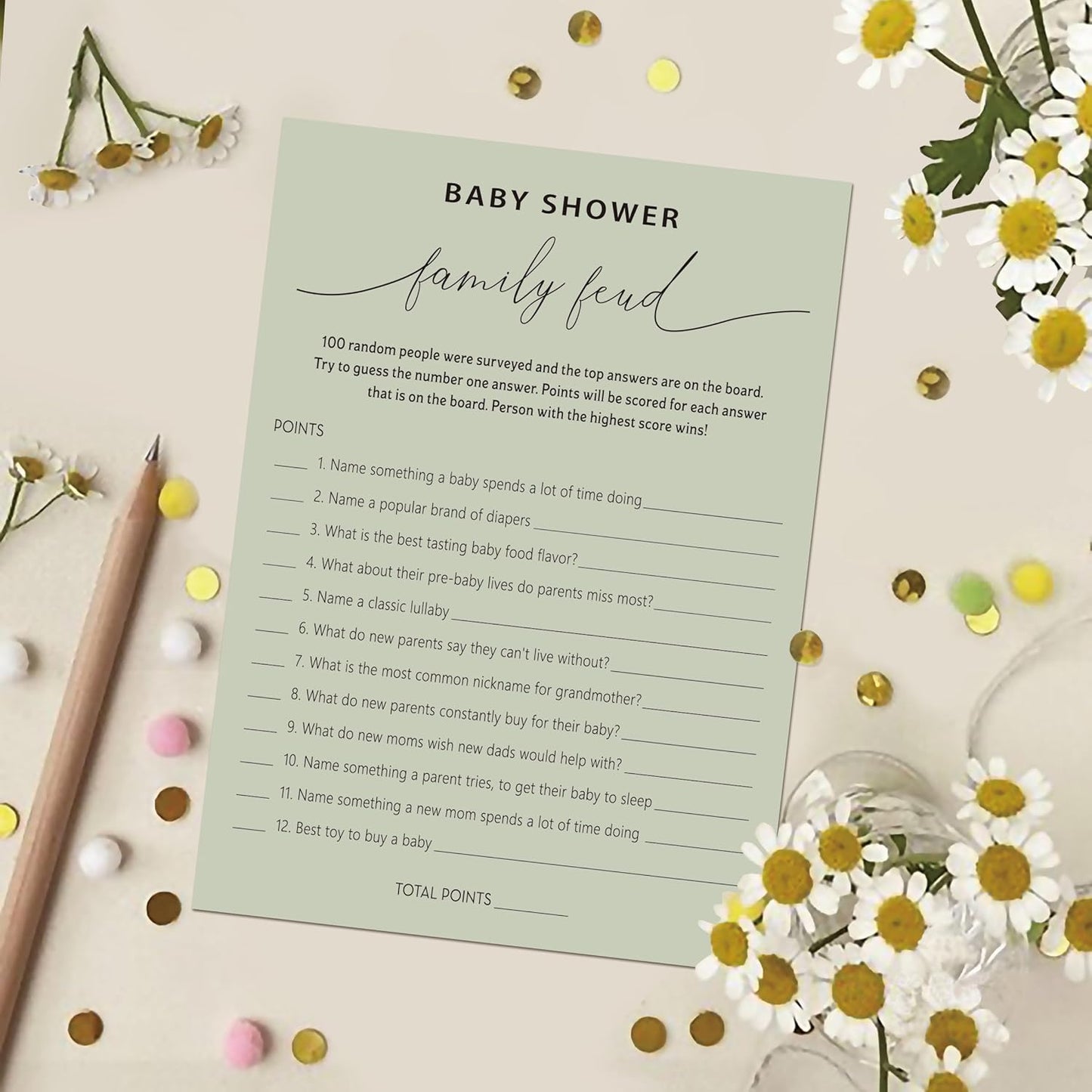 Baby Shower Family Feud Game - Pack of 30 Game Cards 1 Answer Key, Baby Shower Game for Boy & Girl, Gender Neutral Baby Shower Decorations, Baby Feud Game Supplies-07E-Atrovirens