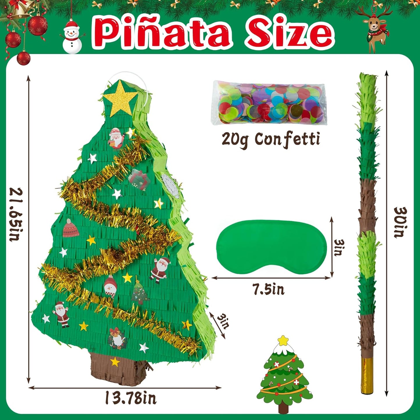 PCFING 21.6 Inch Christmas Tree Piñata with 30 Inch Piñata Stick Blindfold Confetti for Boy Girl Adults Xmas Party Game Decorations