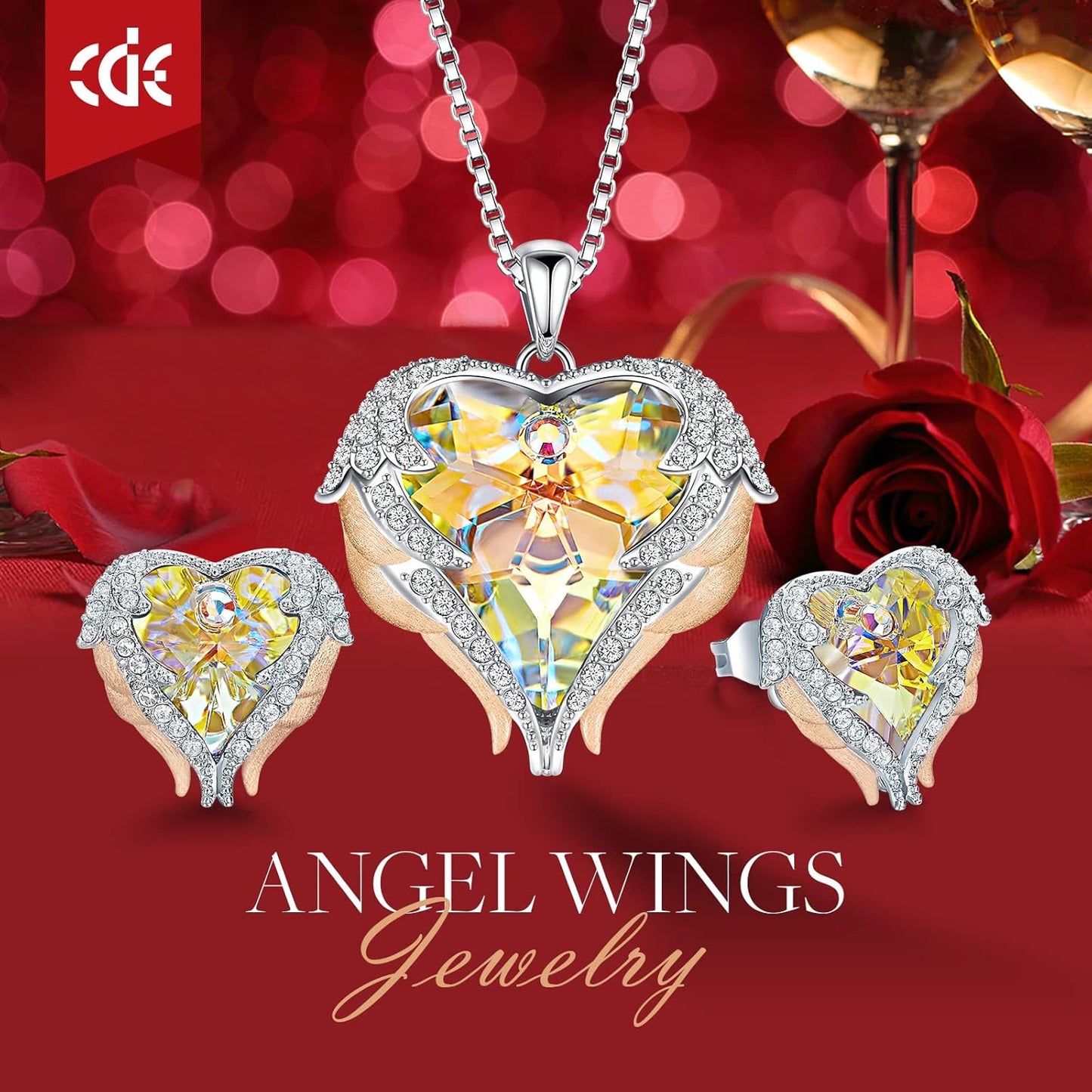 CDE Mothers Day Jewelry Set for Women, Angle Wing Heart Pendant Necklaces and Earrings with Birthstone， Birthday/Anniversary Christmas Jewelry Gift for Women Wife Her