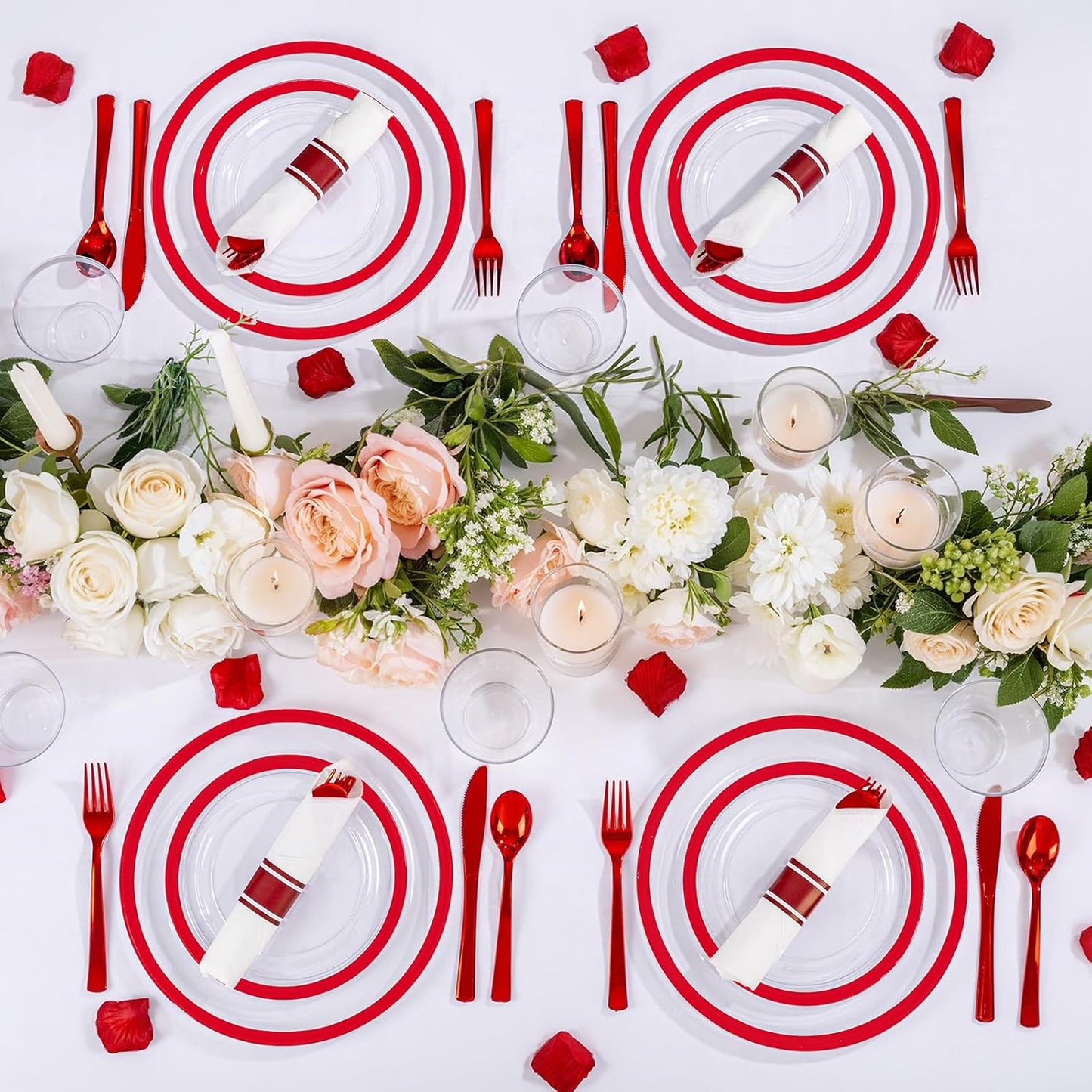 I00000 350 Pcs Red Plastic Plates,Clear Disposable Plate Set, Include 50 Dinner Plates, 50 Dessert Plates,50 Cups,50 Per Rolled Napkins with Plastic Cutlery for Wedding Thanksgiving Christmas Party