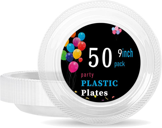 WELLIFE 9 Inch Plastic Plates Clear 50 Count Disposable Plate for Party, Dessert Plates for Dinner Cake Salad Supplies Birthday