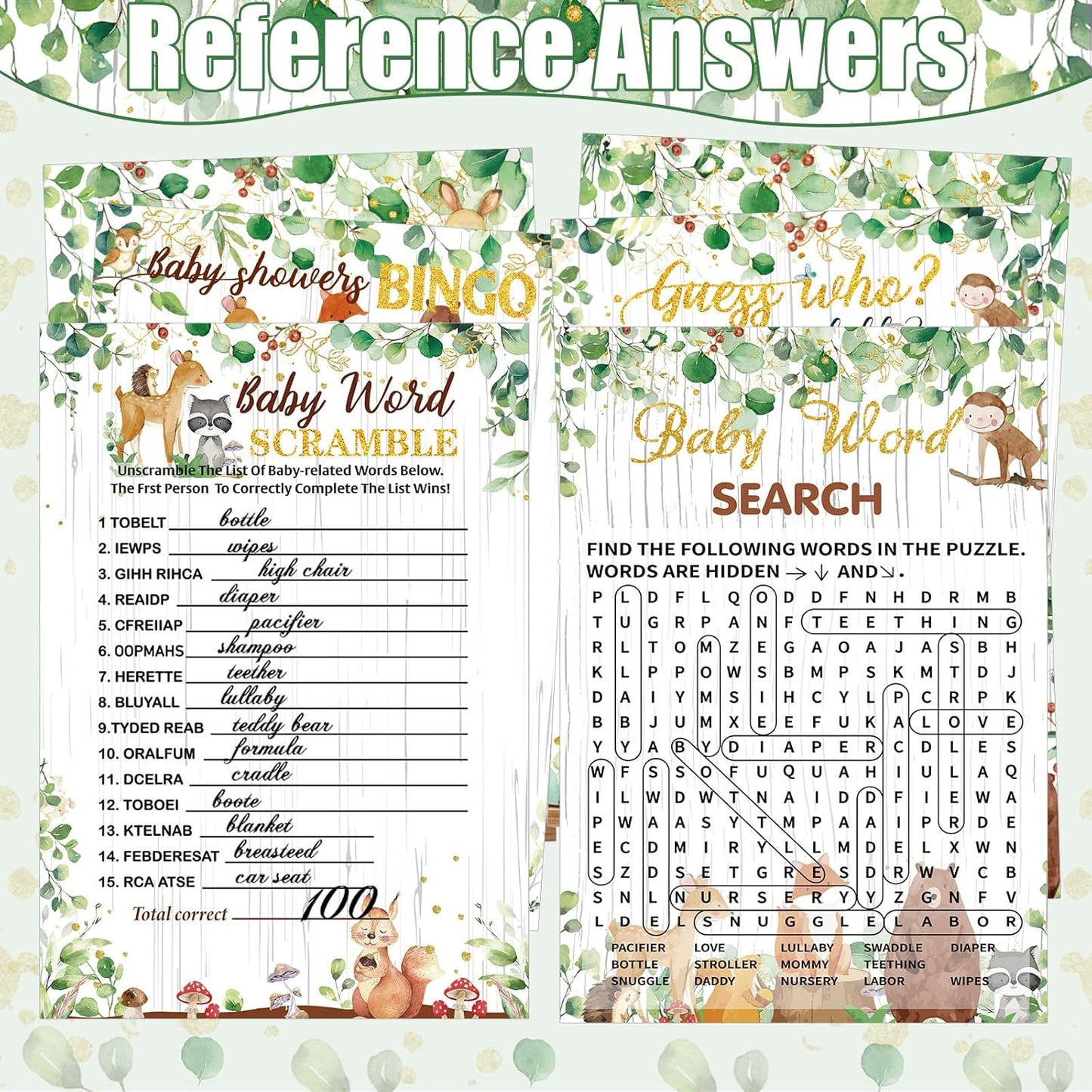 426 Pcs Woodland Baby Shower Games Set-8 Games, Includes Baby Shower Bingo, Price is Right, Guess Who, Word Scramble, Prediction and Advice, How Big is Mommy's Belly, Don't Say The Words