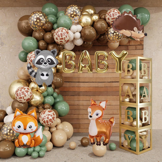 Amandir 137pcs Woodland Animals Baby Shower Decoration Baby Boxes Sage Green Brown Balloon Garland Arch Kit Woodland Themed Animal Foil Balloons for Neutral Forest Jungle Safari Party Supplies