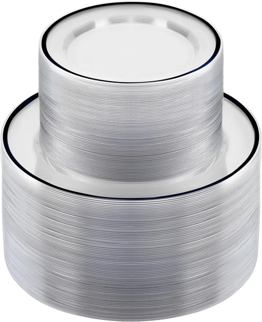 200PCS Black and Clear Plastic Plate, Black Disposable Plate Set with 100 Dinner Halloween Plates and 100 Dessert Plates for Party