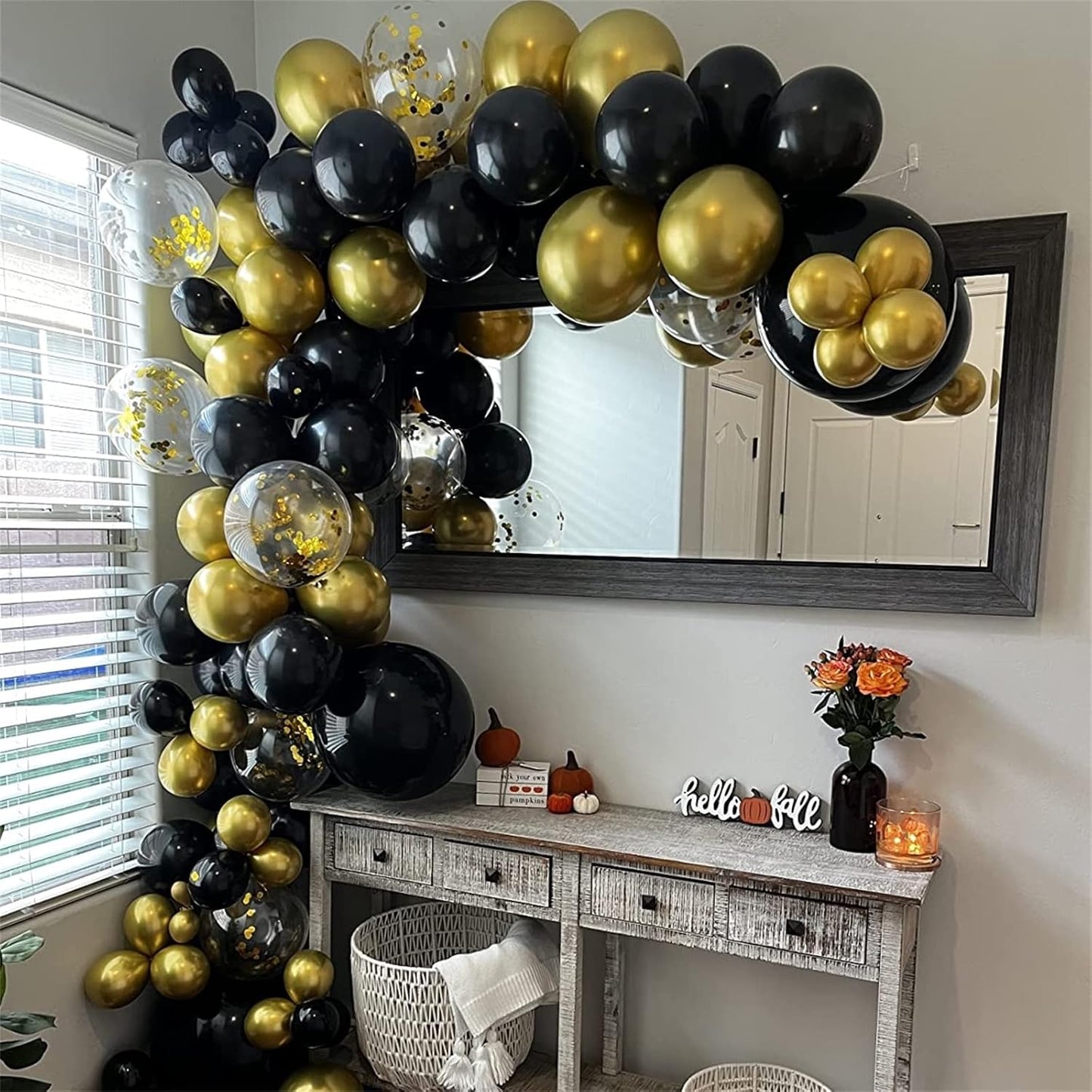 Black and Gold Confetti balloons, 30 PCS Matte Black Metallic Chrome Gold Confetti Latex Balloons with Ribbon, Gold Black Party Balloons for Wedding Birthday Shower Baby Shower Graduation Decoration