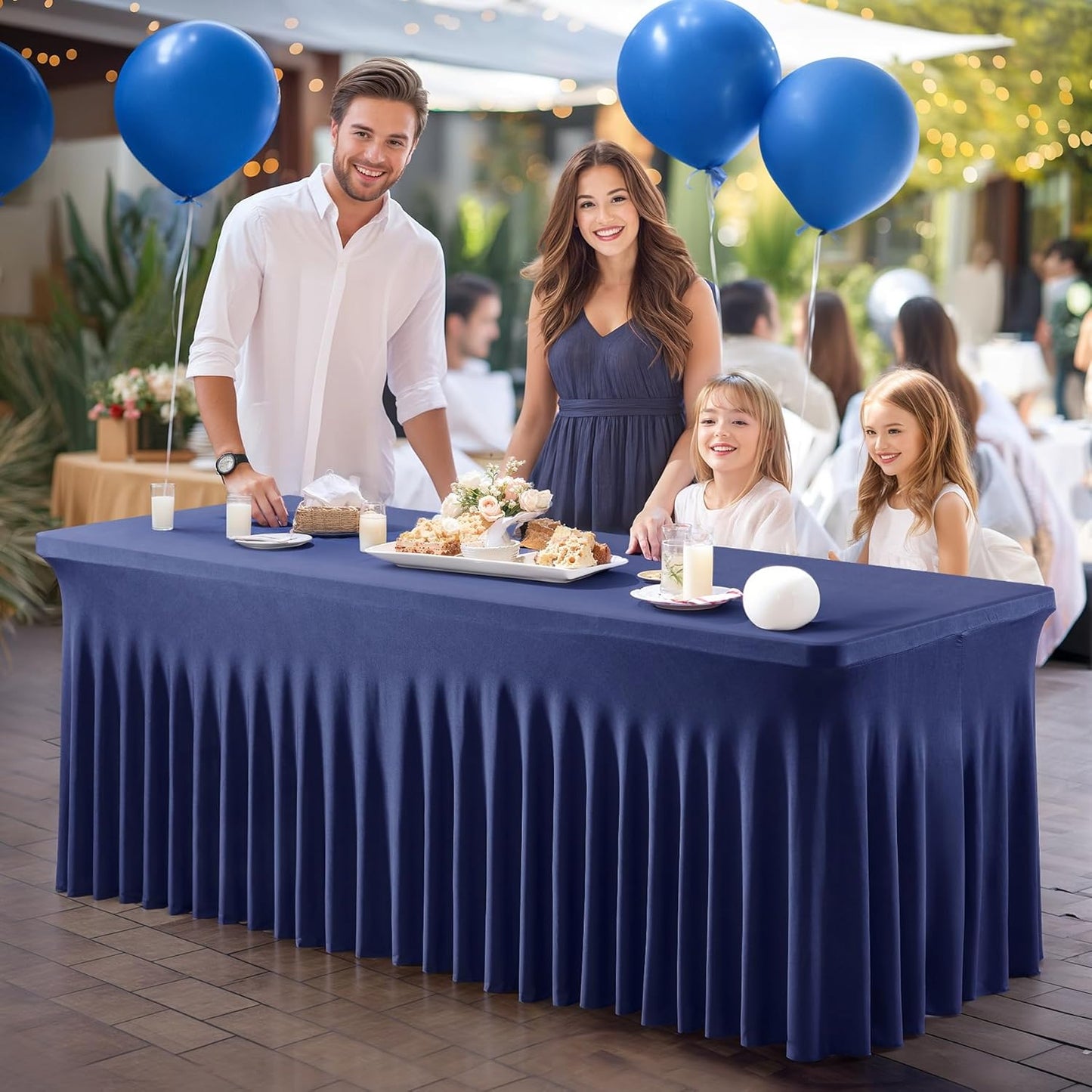PARTISKY Navy Blue Spandex Tablecloth for 8ft Rectangle Tables, Stretchable Table Cover Skirt for Folding Tables Weddings Parties Banquets Events Trade Shows and Dessert Table