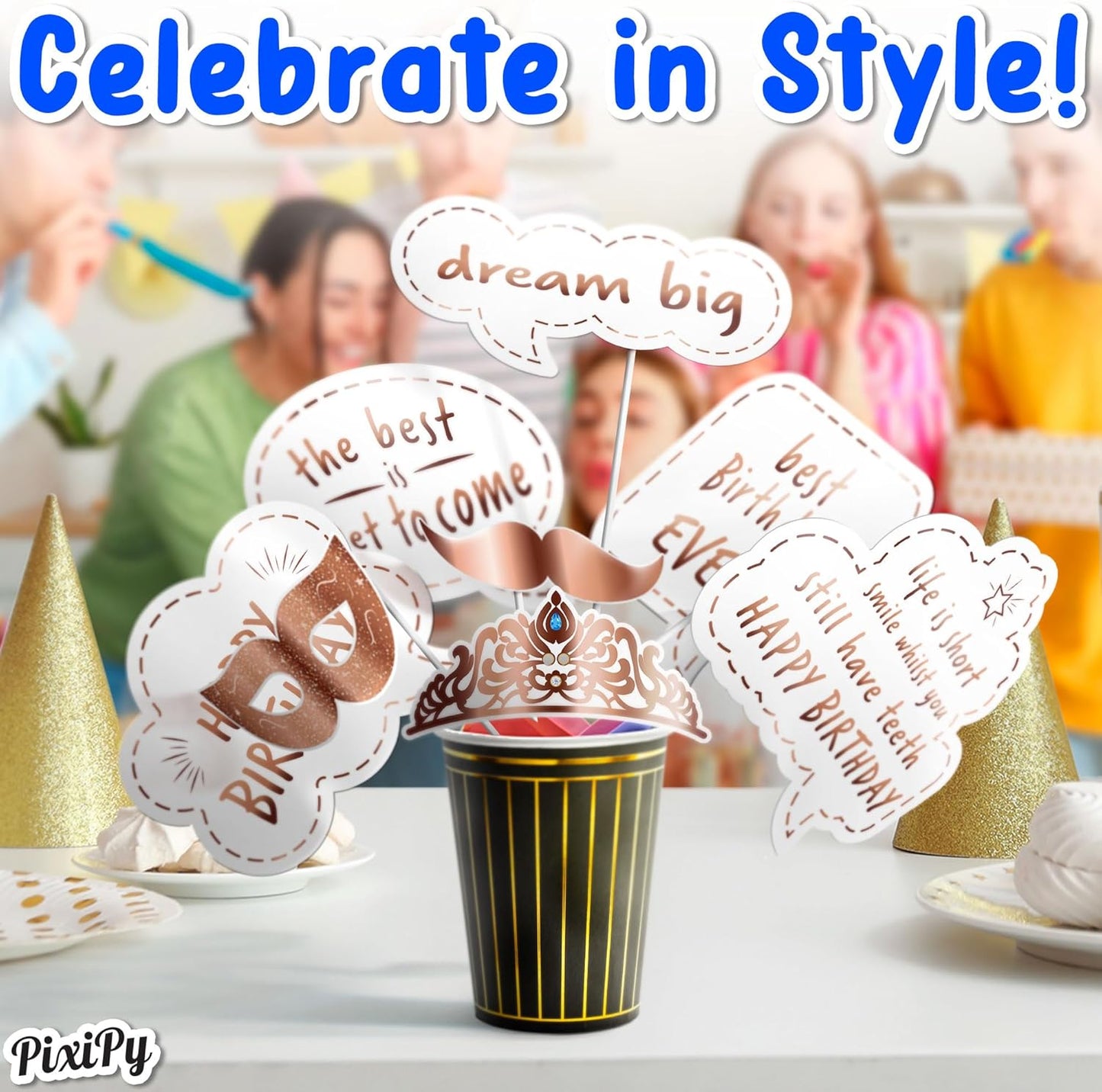 Premium Birthday Photo Booth Props Kit, 27 White & Rose Gold Party Decorations (No Glitter), Durable & Easy-to-Use Photobooth Props Signs for Memorable Photos & Unforgettable Celebrations by PixiPy
