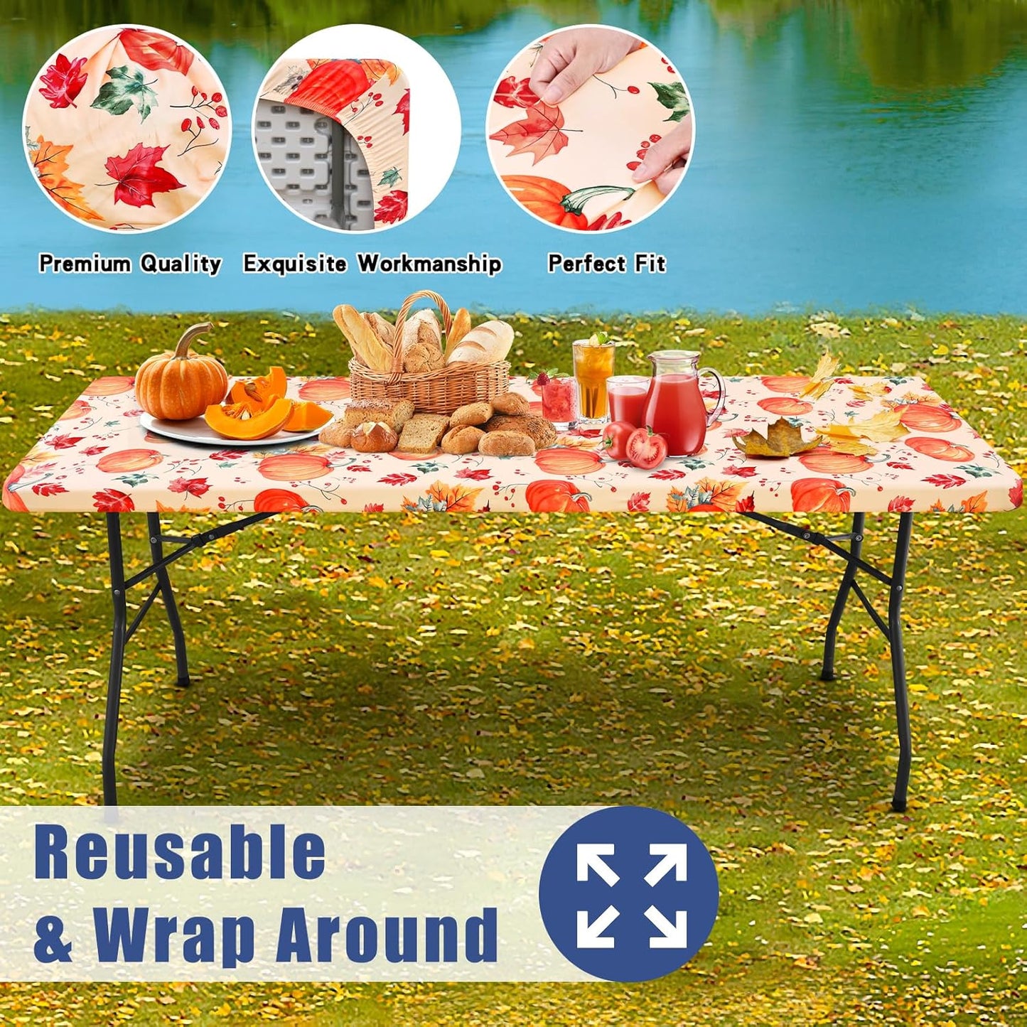Spandex 6 Foot Rectangle Thanksgiving Table Cloth 2 Pack, Elastic Fitted Tablecloths for Picnic, Stretch Washable Patio Table Cover for Autumn Harvest Parties (Pumpkin Leaf, 30"x72")