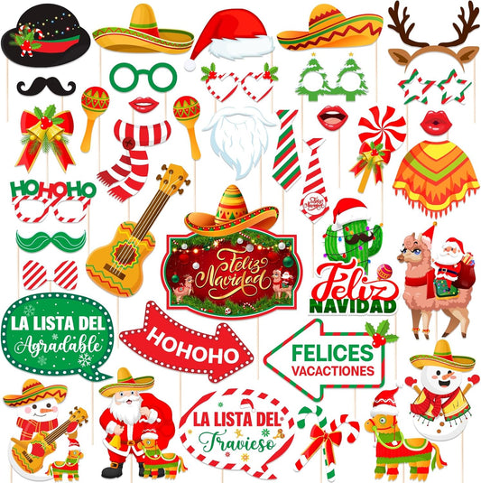 Feliz Navidad Decorations Photo Props,36pcs Mexican Christmas Decorations Party Photobooth Props Funny Feliz Navidad Photo Booth Props for Spanish Christmas Party Decorations