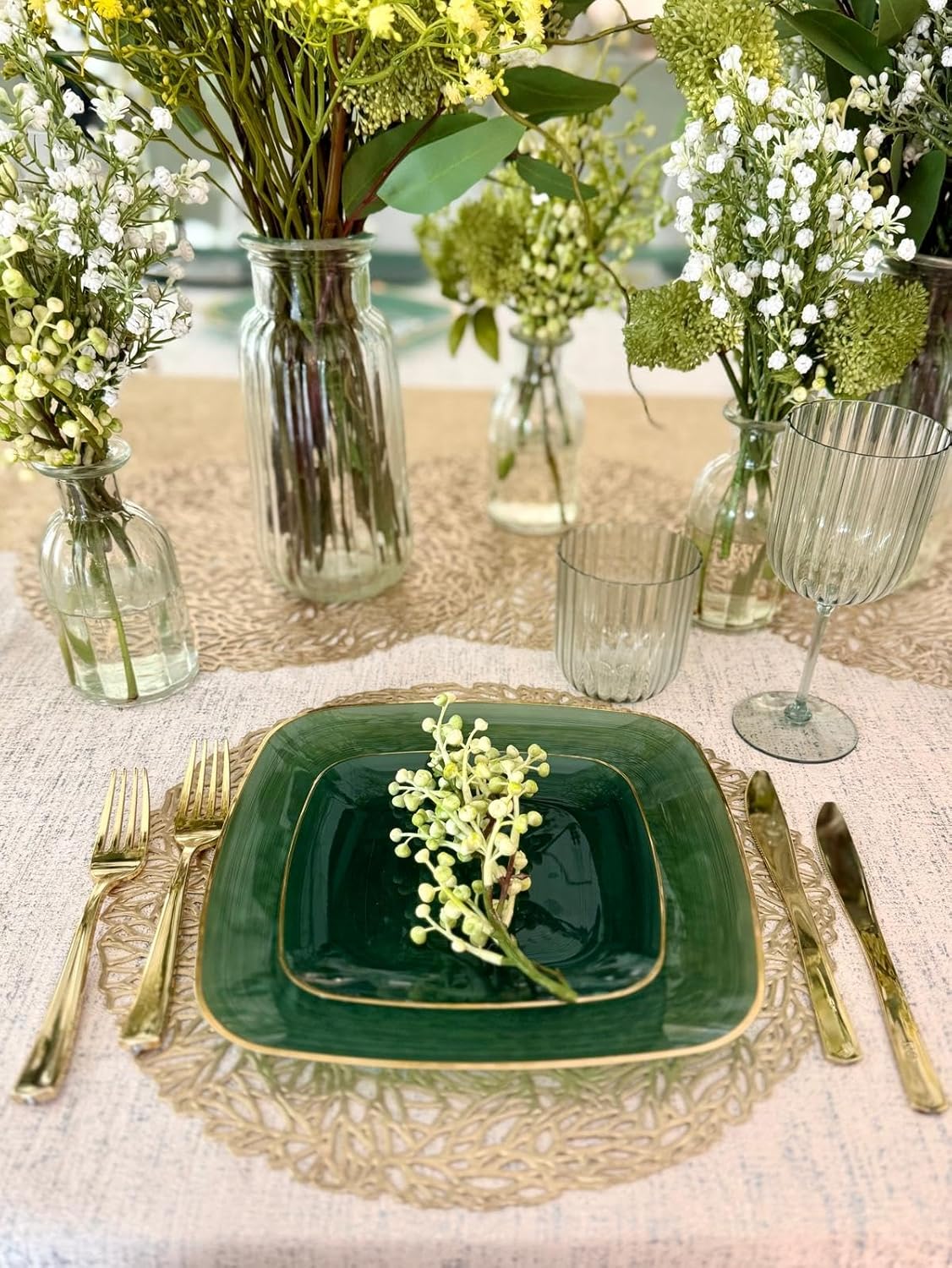 " OCCASIONS " 240 Pieces Pack,(120 Guests) Premium Wedding Party Disposable Plastic Plates Set -120 x 10'' Dinner + 120 x 7'' Salad/Dessert (Belize Square in Green & Gold)