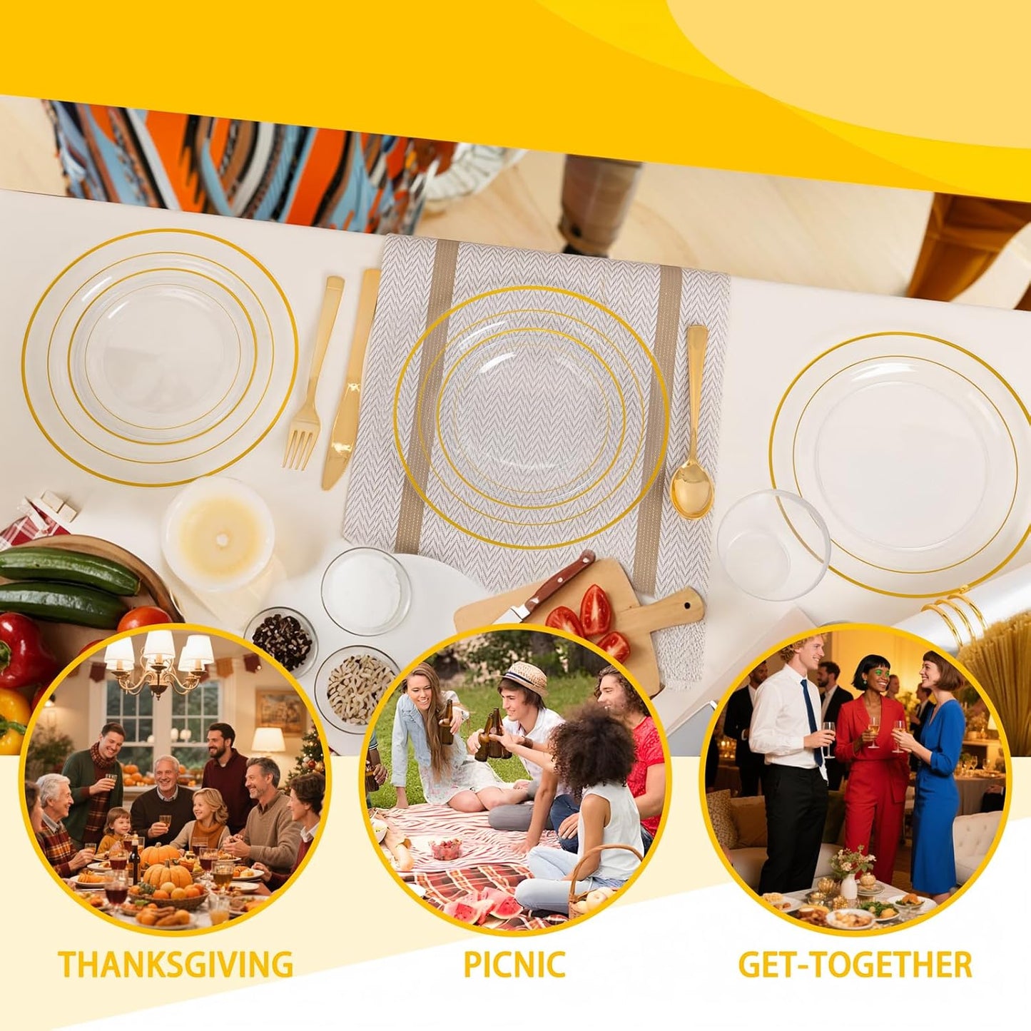 GATHER 350PCS Clear Gold Plastic Plates - Disposable Gold Dinnerware Sets Includes 100 Gold Rim Plastic Plates, 150 Silverware, 50 Napkins, 50 Cups for Party, Wedding & Birthday & Thanksgiving