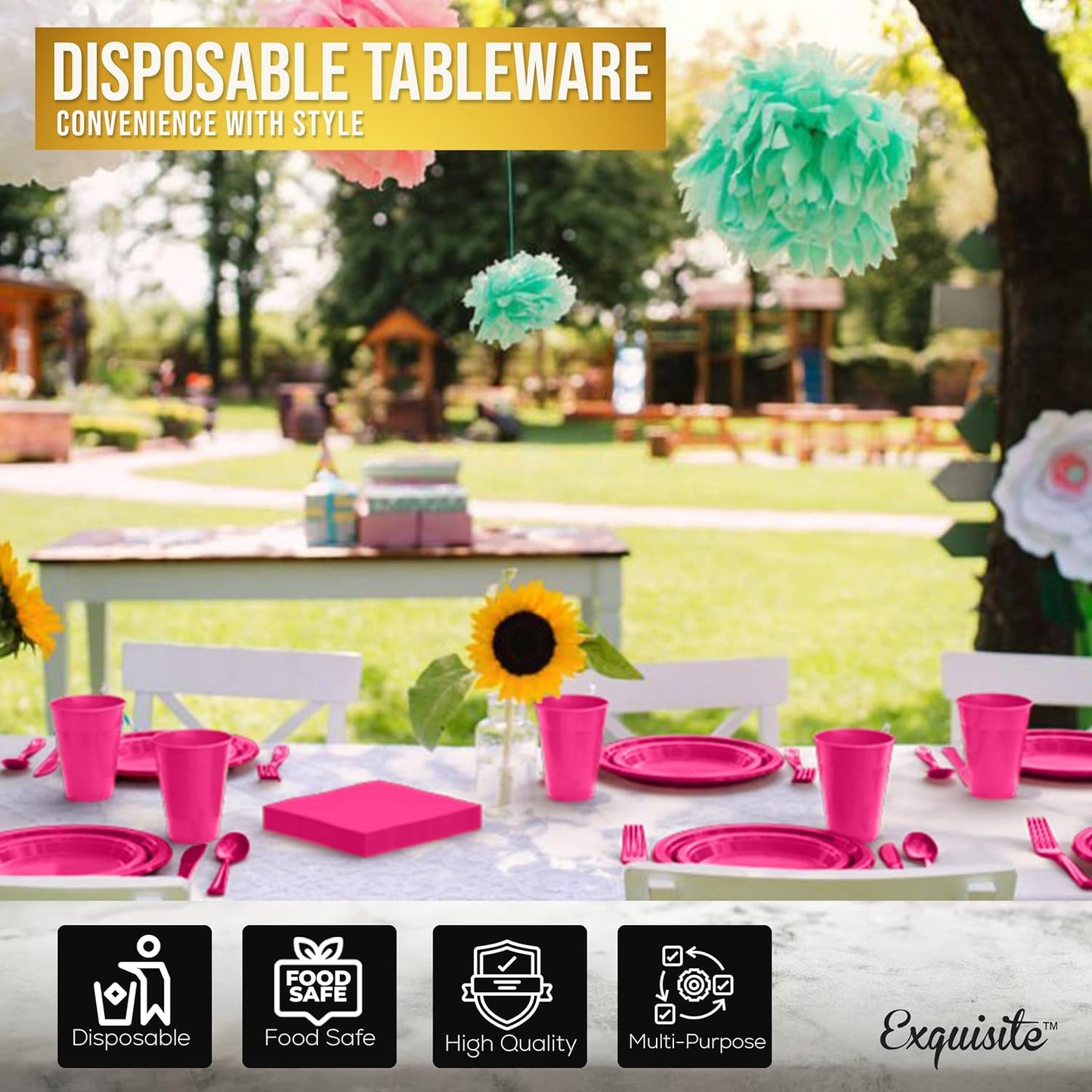 350 Pcs Cerise Plastic Plates For Party, Cerise Disposable Plates Set, 50 Of Each 9" Dinner Plate Set, 7" Dessert Plate, Cups, Napkins & Cutlery Plastic Dinnerware Exquisite