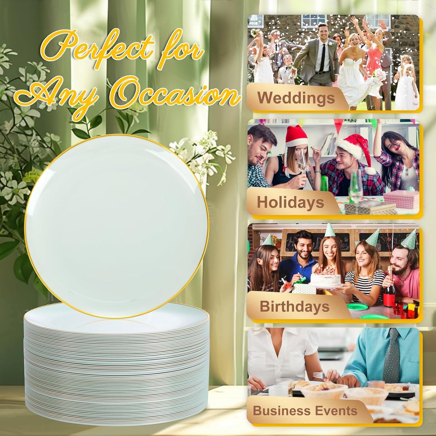 Festiva 200Pcs Pale Sage Green Gold Cake Plates 6.3" with Plastic Forks 5"- Disposable Salad Plates-Green Dessert Plates-Appetizer Plastic Plates - include 100Plates 100Forks for Party&Wedding&Easter