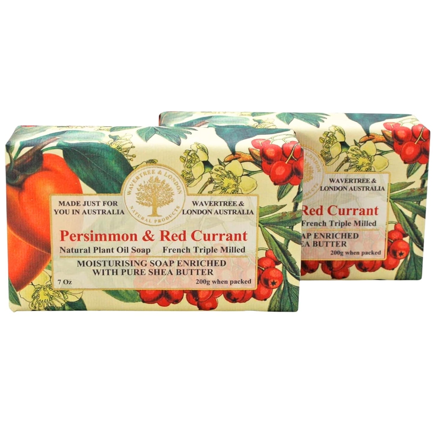 Wavertree & London Persimmon & Red Currant Scented Natural Soap Bars (2 Bars), 7 oz Moisturizing French Triple Milled Soap Bars enriched with shea butter, Plant Oil Bath & Body Soap for Women & Men