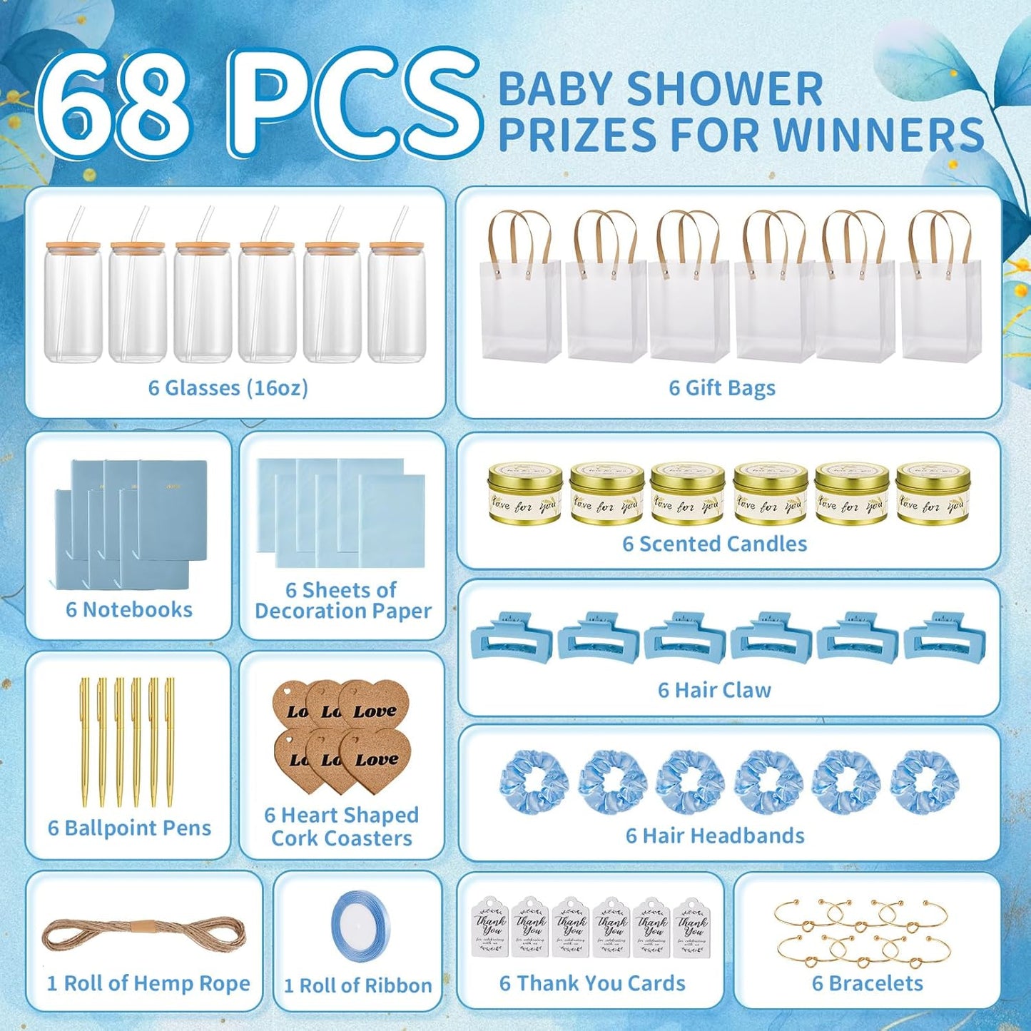 68Pcs Baby Shower Prizes for Game Winners Gifts Wedding Bridal Shower Gifts Including Glass Cans Notebooks Soy Candles Hair Clips for Baby Shower Wedding Bridal Shower Game Prizes (6, Blue)