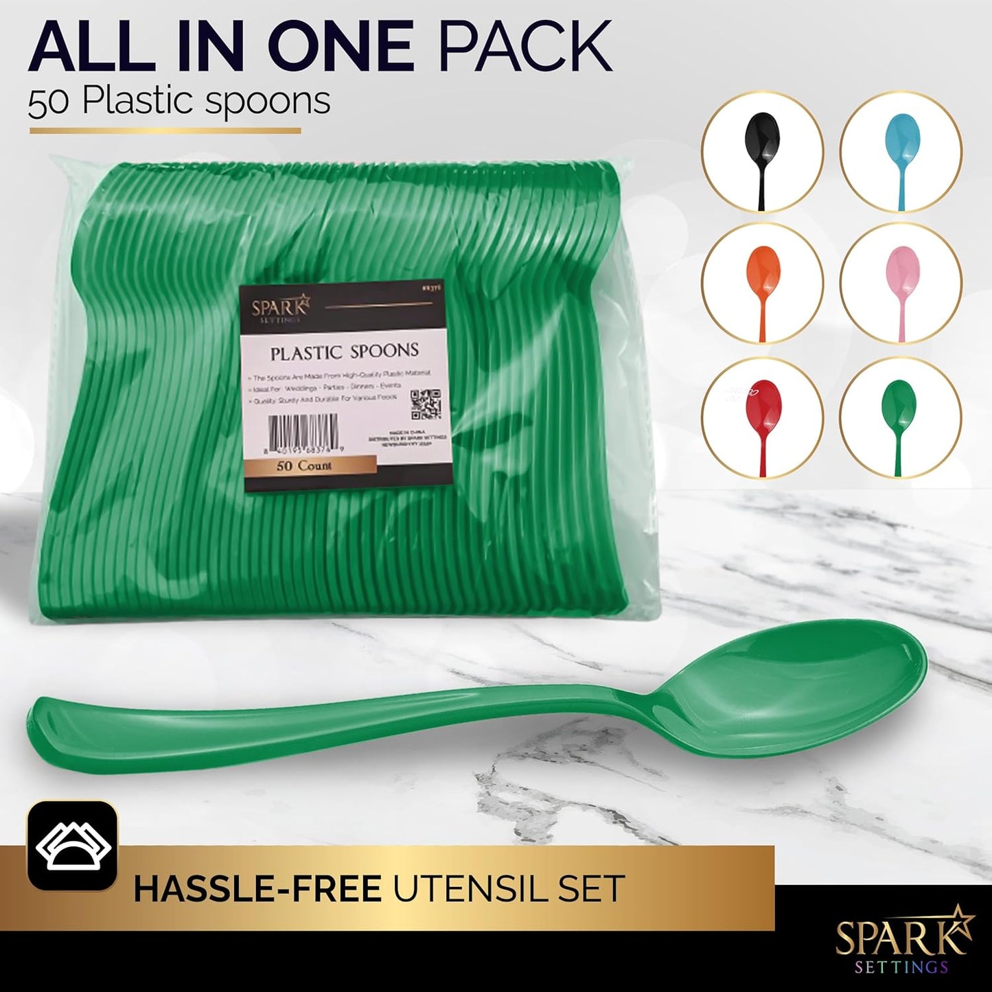 Green Disposable Plastic Spoons - Heavy Duty Silverware, Ideal for Hot & Cold Food, Perfect for Home, Office, School, Parties & Weddings - 50 Pack