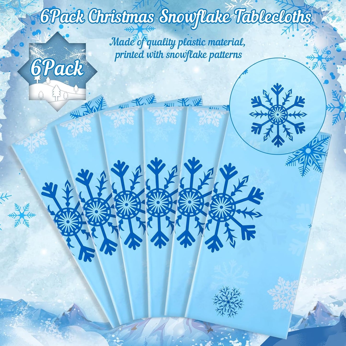 6 Pack Christmas Snowflake Plastic Tablecloth, 54 x 108Inch Blue and White Snowflake Table Cloth Disposable Waterproof Winter Snowflakes Table Cover for Winter Holiday New Year Party Supplies Decor