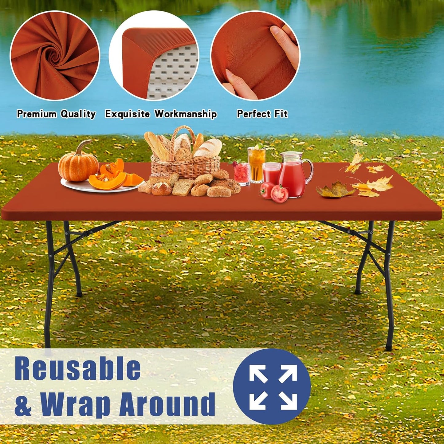 Spandex 6 Foot Rectangle Table Cloth 2 Pack, Elastic Fitted Tablecloths for Picnic, Stretch Washable Patio Table Cover for Outdoor, Camping, Banquet and Parties (Rust, 30"x72")
