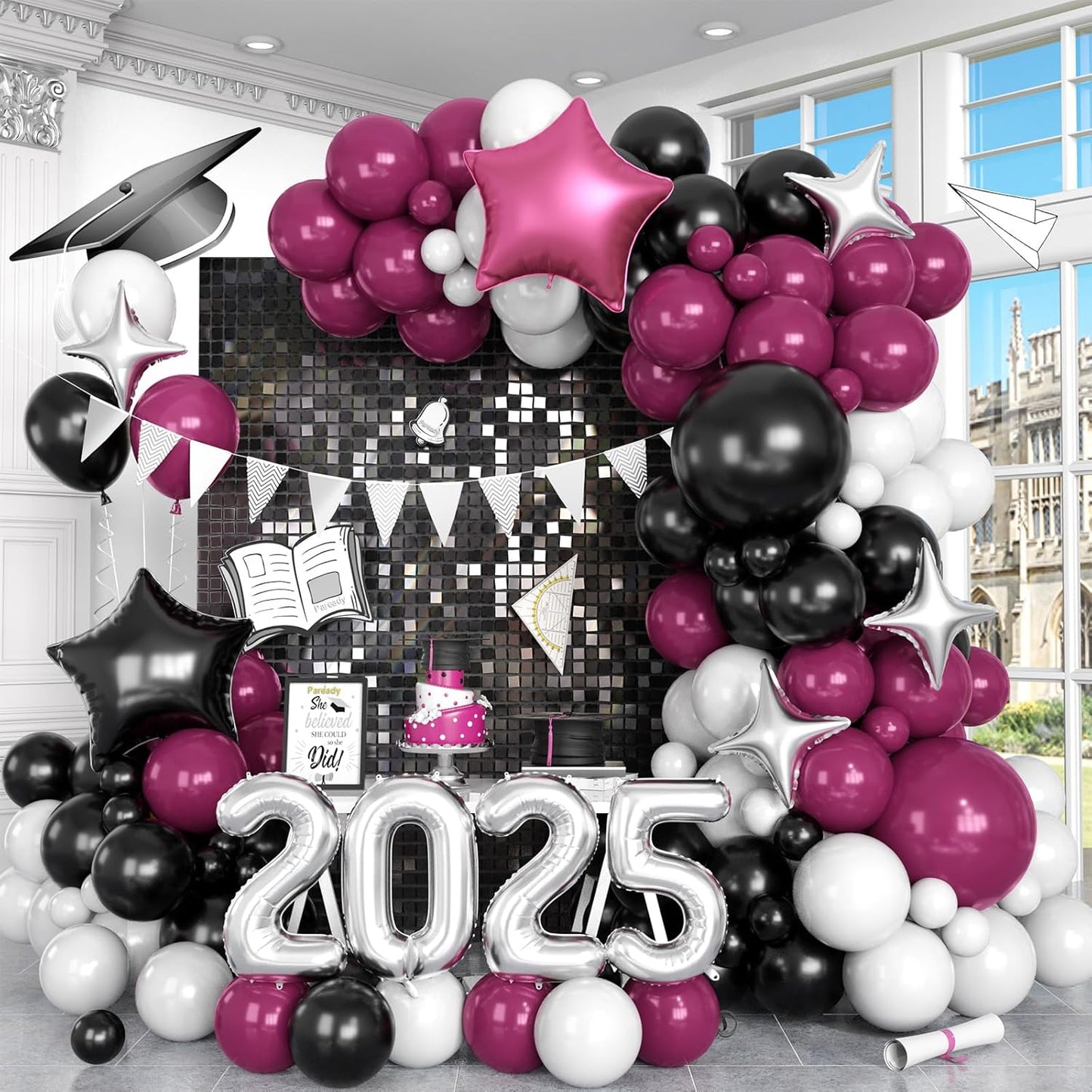 Burgundy Black White Balloons Arch Kit with Star Balloon Pennant Flag Bunting 2025 Foil Balloon Banner Maroon Balloons Garland for Class of 2025 Graduation Theme Birthday Party Supplies