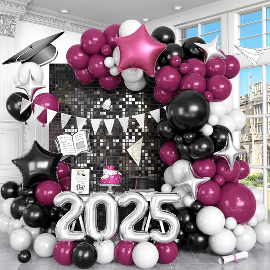 Burgundy Black White Balloons Arch Kit with Star Balloon Pennant Flag Bunting 2025 Foil Balloon Banner Maroon Balloons Garland for Class of 2025 Graduation Theme Birthday Party Supplies