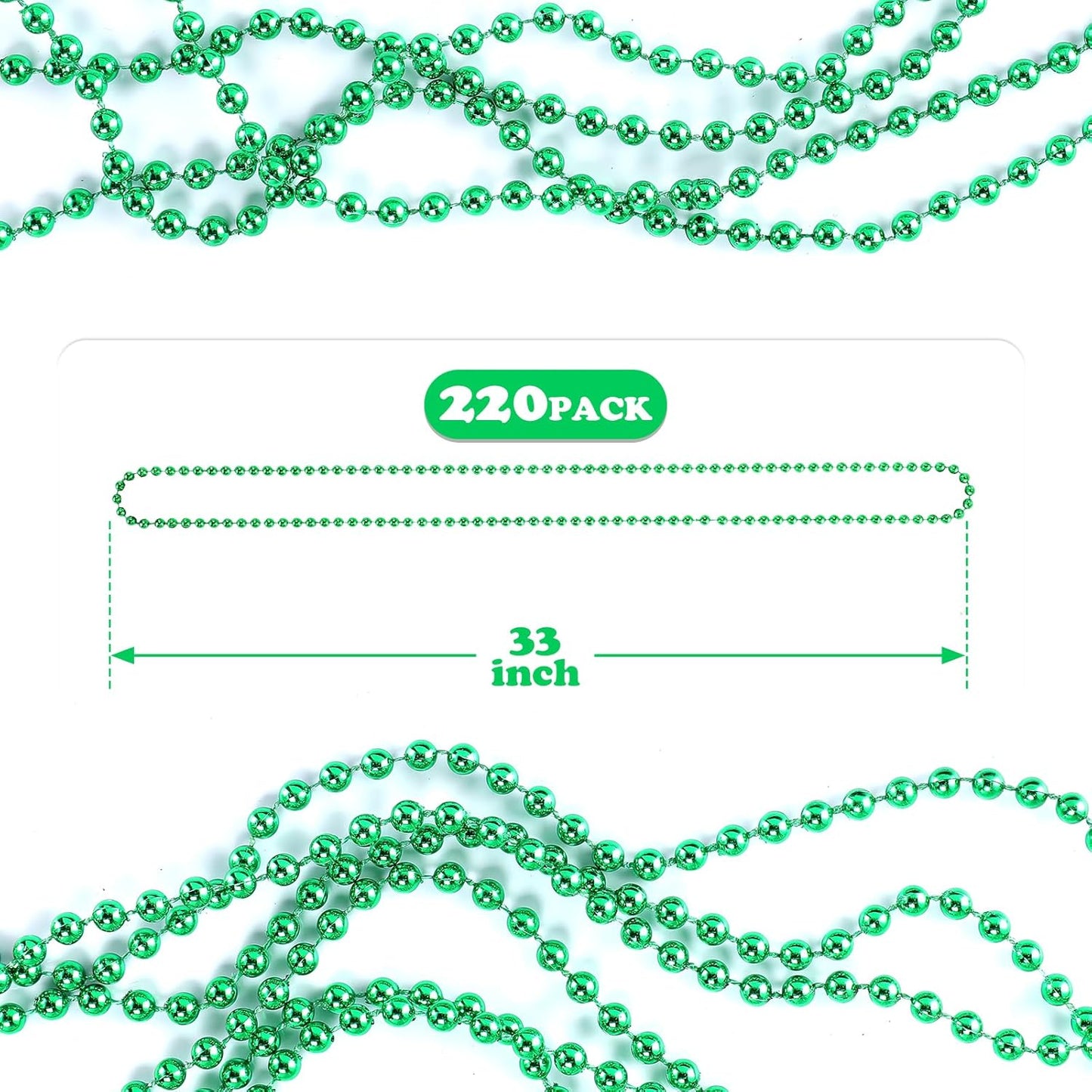 220 PCS Green Bead Necklace, 33 Inch Mardi Gras Christmas Beads, Bulk Metallic Party Beads for Mardi Gras Parade, St Patricks Day, Wedding, Birthday, Pirate Carnival Favors