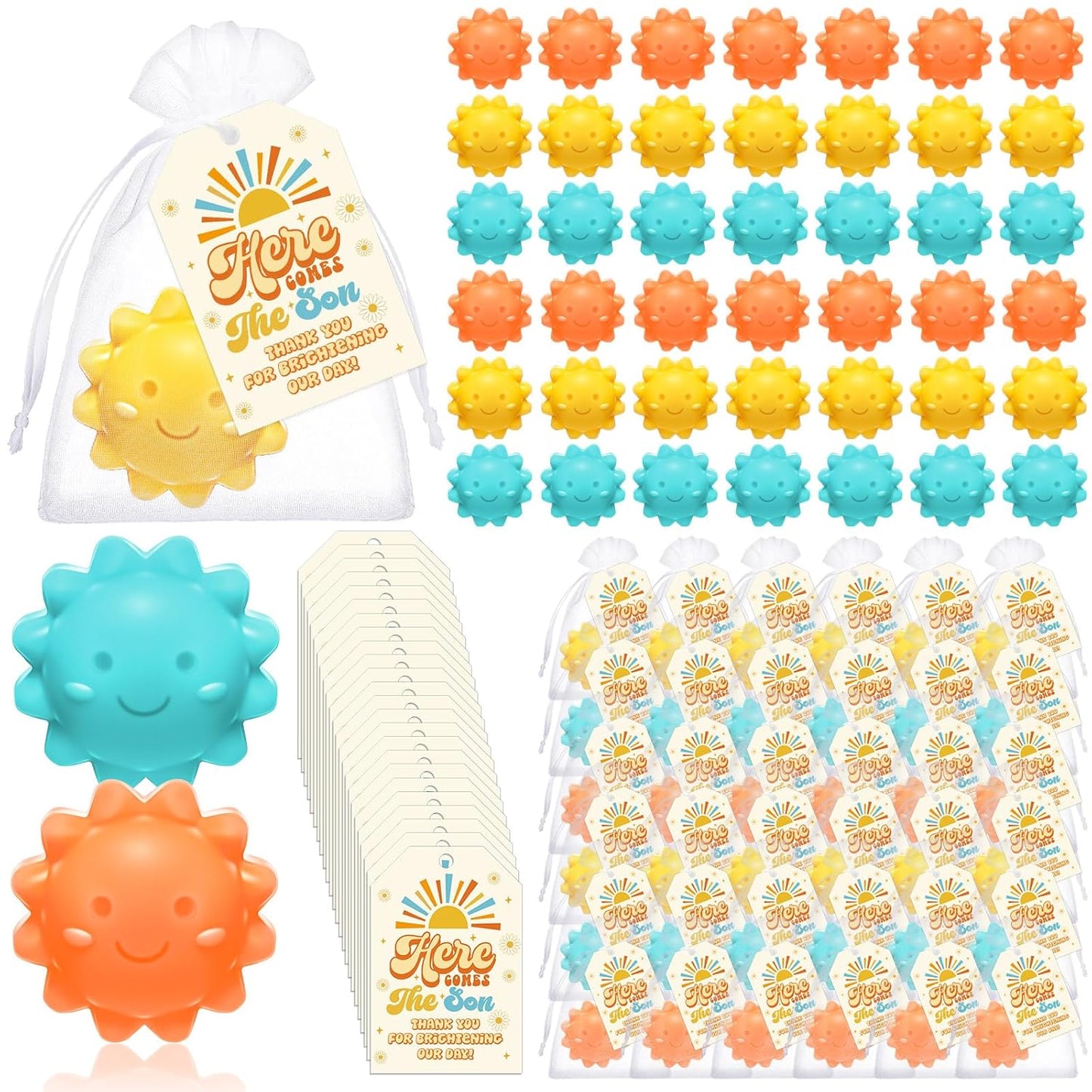 Leelosp 60 Sets Sun Soaps Baby Shower Favors Here Comes the Sun Baby Shower Gifts Mini Handmade Soaps with Thank You Card and Organza Bags for Guest Gender Reveal Sunshine Party Decor(Colorful,Funny)