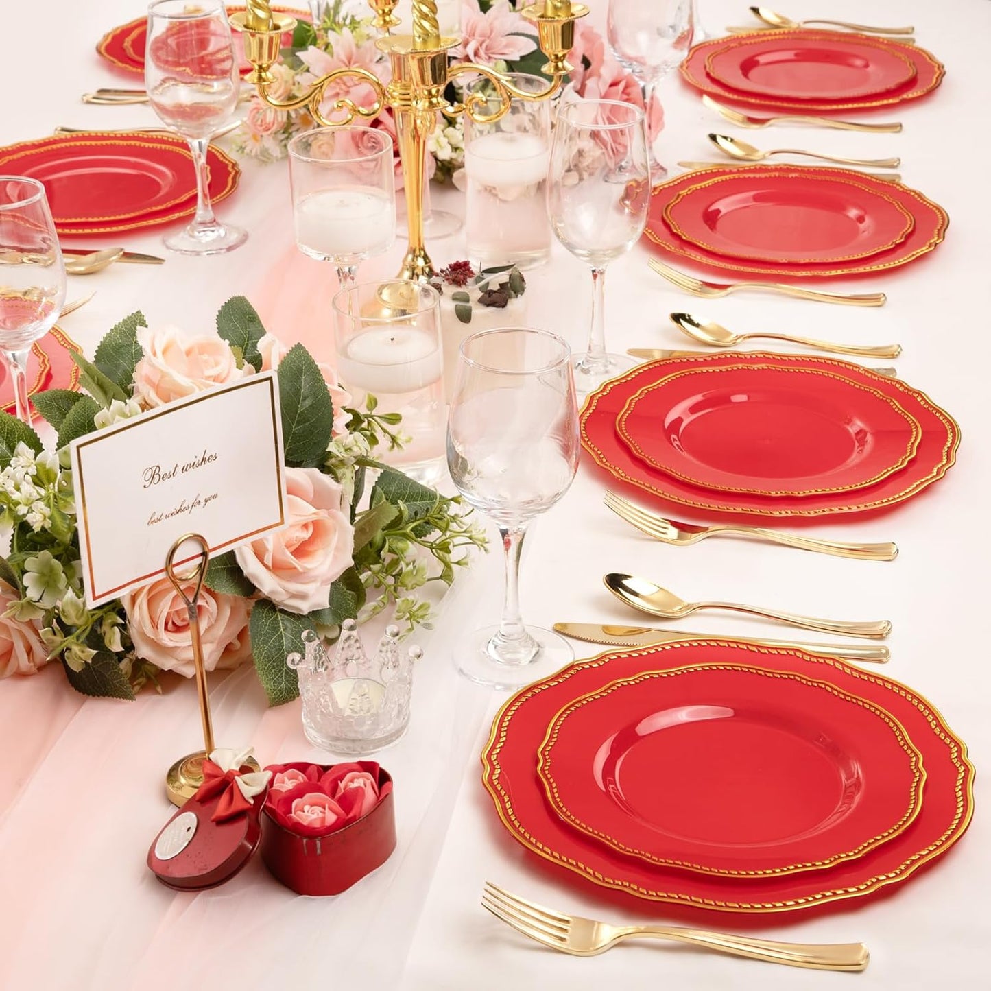 Hioasis 60pcs Red Plastic Plates - Red and Gold Disposable Dinnerware with Gold Rim, Heavy-duty, 7.5 inch, Dessert Plates for Party & Wedding
