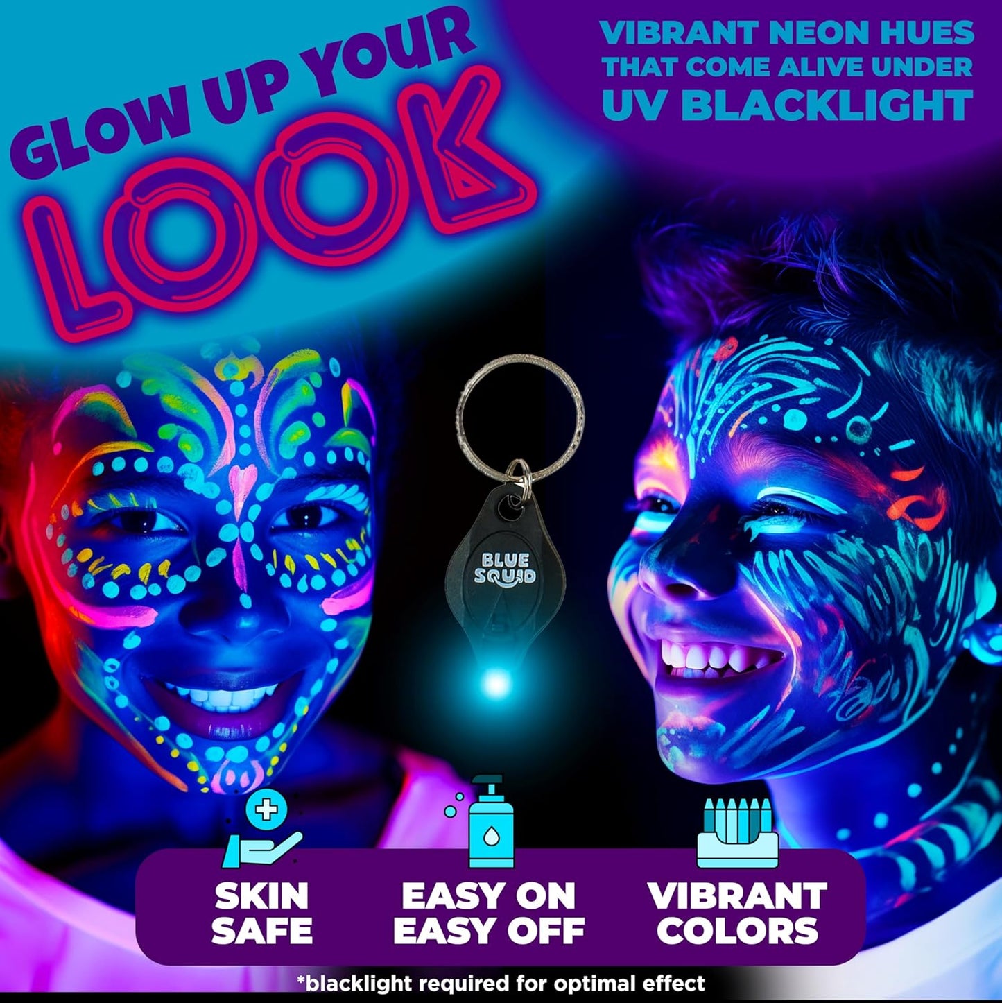 Blue Squid UV Body Paint - Glow in the Dark Body Paint, Neon Face Paint for Glow Party Accessories - Safe, Non-Toxic Black Light Glow Makeup for Adults & Kids, Multicolor 8 x Pots with Mini UV Light
