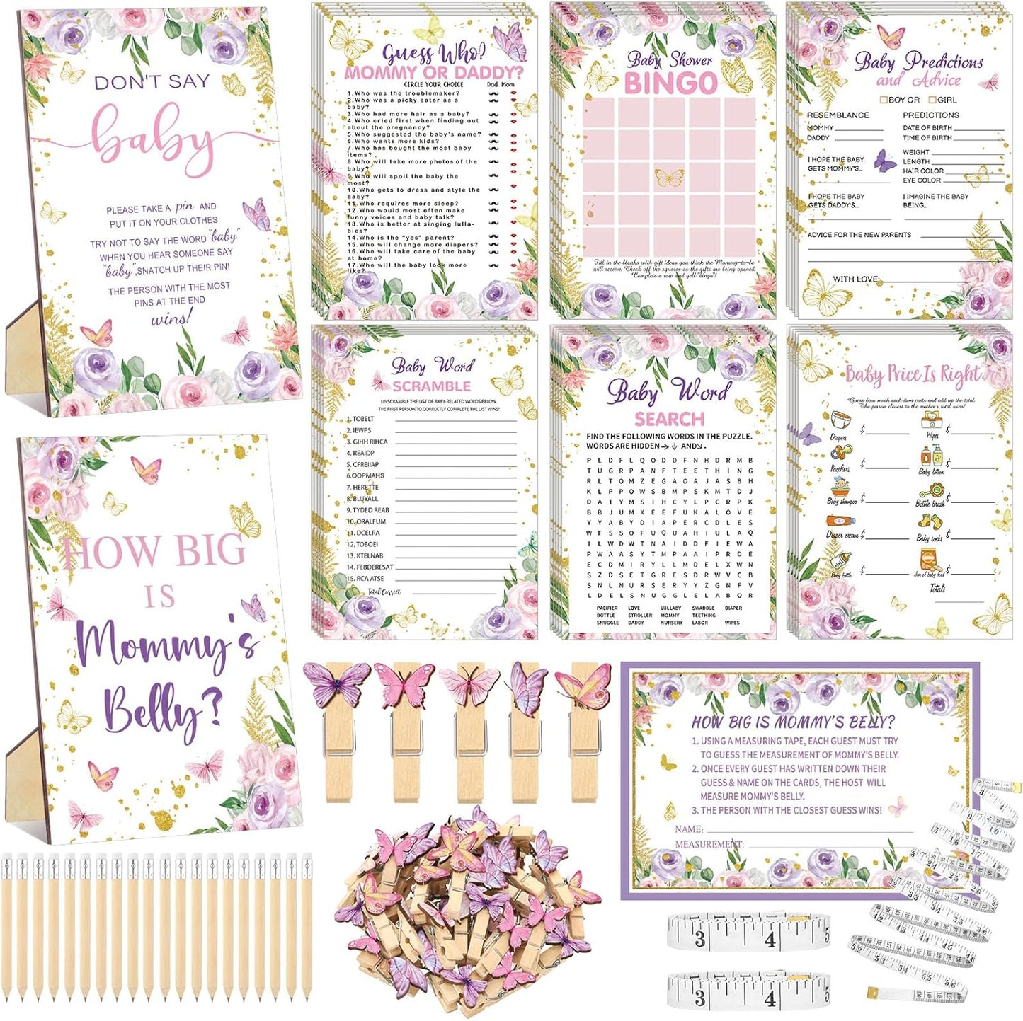 426 Pcs Butterfly Baby Shower Games Set-8 Games, Includes Baby Shower Bingo, Price is Right, Guess Who, Word Scramble, Prediction and Advice, How Big is Mommy's Belly, Don't Say The Words