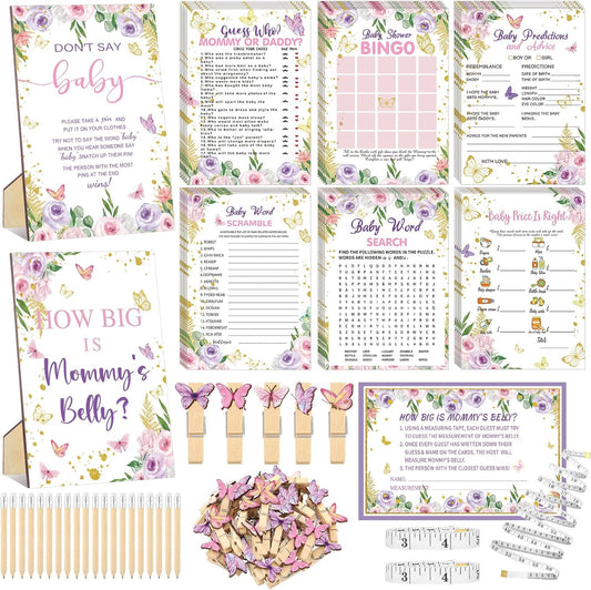 426 Pcs Butterfly Baby Shower Games Set-8 Games, Includes Baby Shower Bingo, Price is Right, Guess Who, Word Scramble, Prediction and Advice, How Big is Mommy's Belly, Don't Say The Words