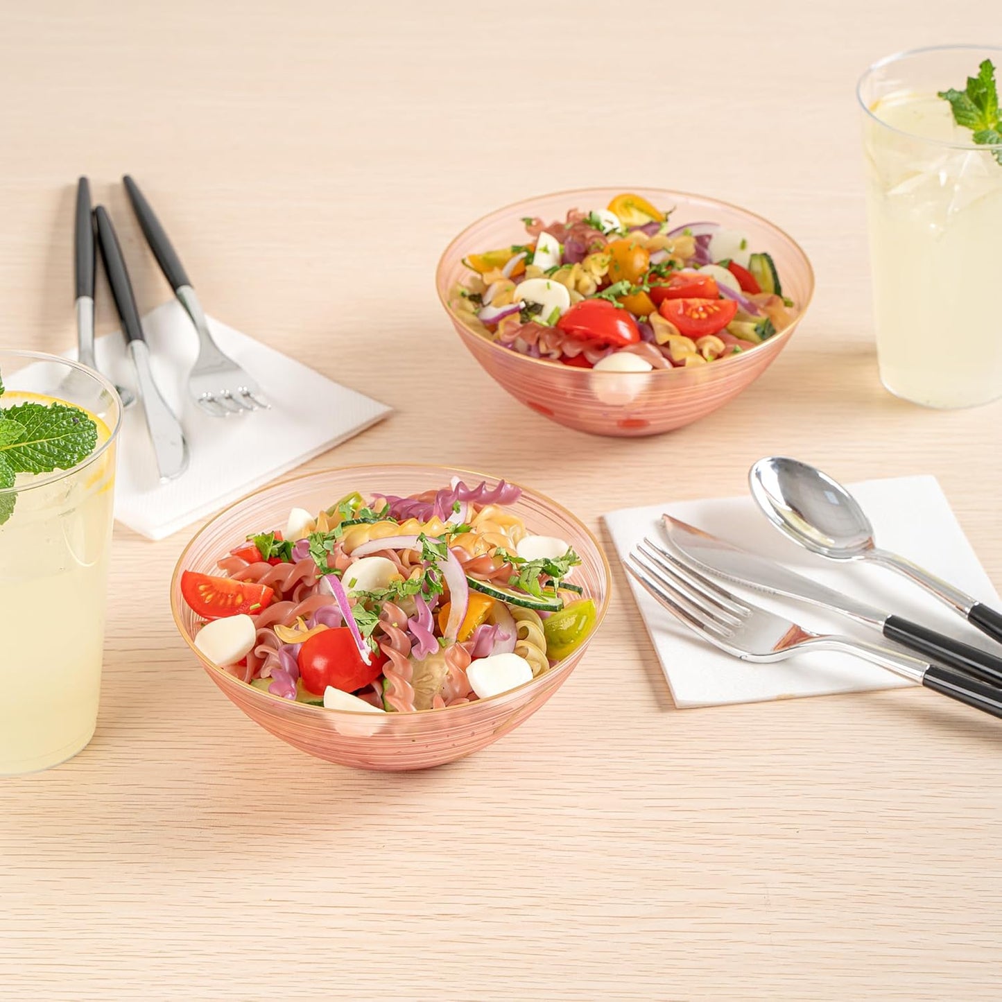 Restaurantware Plastic Bowls 100 Pcs 16 oz Gold Rimmed Disposable Soup Bowls Heavy-Duty Pink Translucent Rippled Dinnerware Containers for Party, Desserts, Salads, Snacks, and Catering