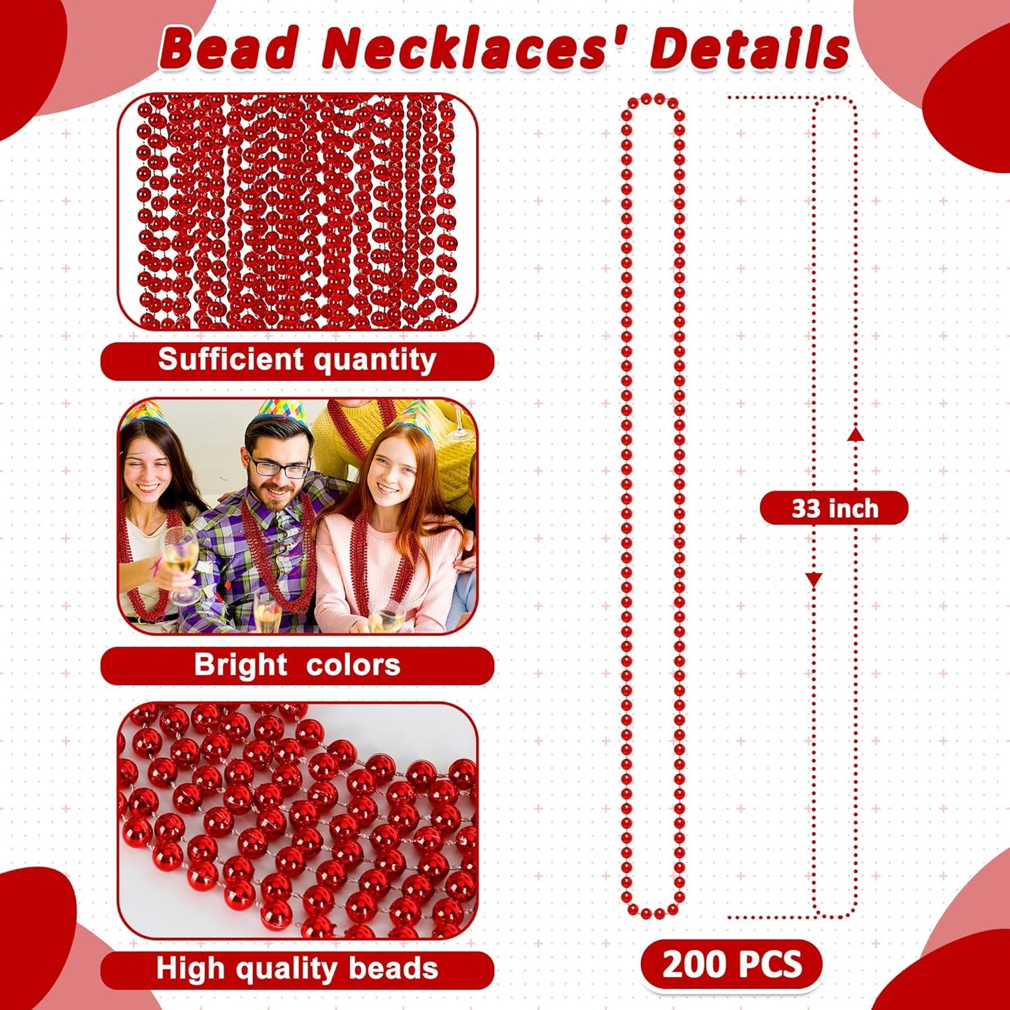 200 PCS Bead Necklace, 33 IN Red Mardi Gras Beads, Mardi Gras Party Costume Accessories, Parade Throws Beads Bulk for Christmas Pirate Wedding Baby Shower Party Supplies Decor