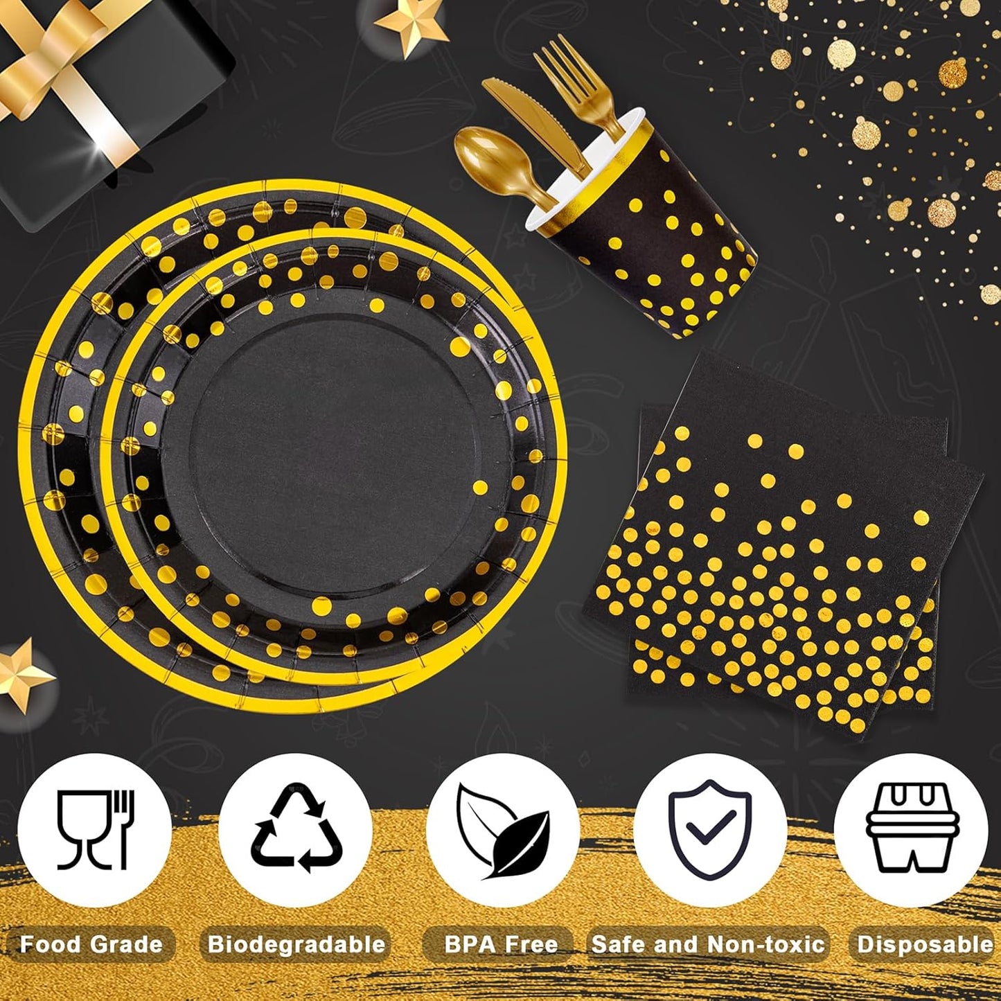 Supernal 350pcs Black and Gold Plates & Napkins Party Supplies,10inch Birthday Plates 7inch Black and Gold Paper Plates Gold Plastic Forks,Knives,Spoons,Black Napkins Cups Served 50 Guest for Birthday
