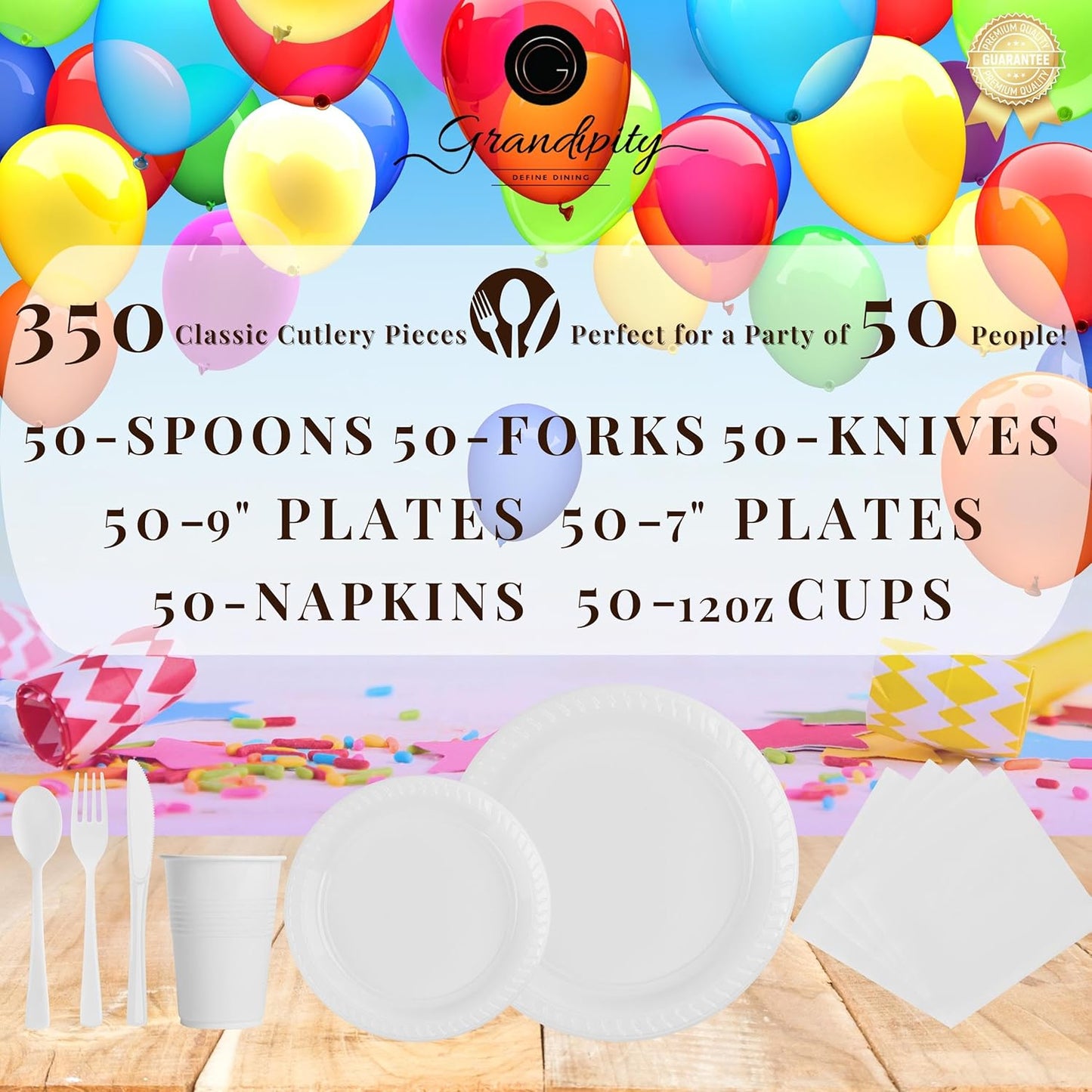 350 Piece WHITE Disposable Dinnerware Set 50 Guests, Plastic Party Plates And Cups And Napkins Sets - 50 Count 9" Dinner Plates, 7" Dessert Plates, 12oz Cups, Paper Napkins, Forks, Knives & Spoons