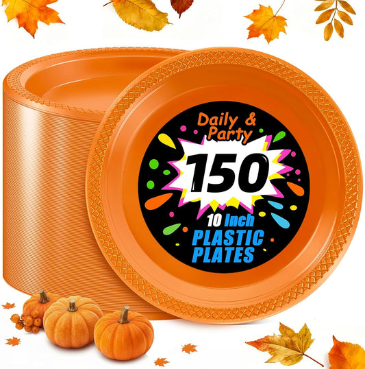 WELLIFE Orange Party Plates 10 Inch -150 Count, Plastic Disposable Dinner Plates for Party Easter Halloween Thanksgiving Picnic BBQ