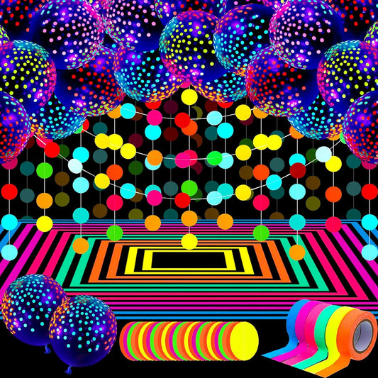 32 Pcs Glow in The Dark Party Supplies Halloween Neon Party Favors with 25 Fluorescent Balloon 6 Rolls 98.4 ft UV Blacklight Luminous Tape 14.4 ft Neon Streamer Garland for Adults(Clear Dot)