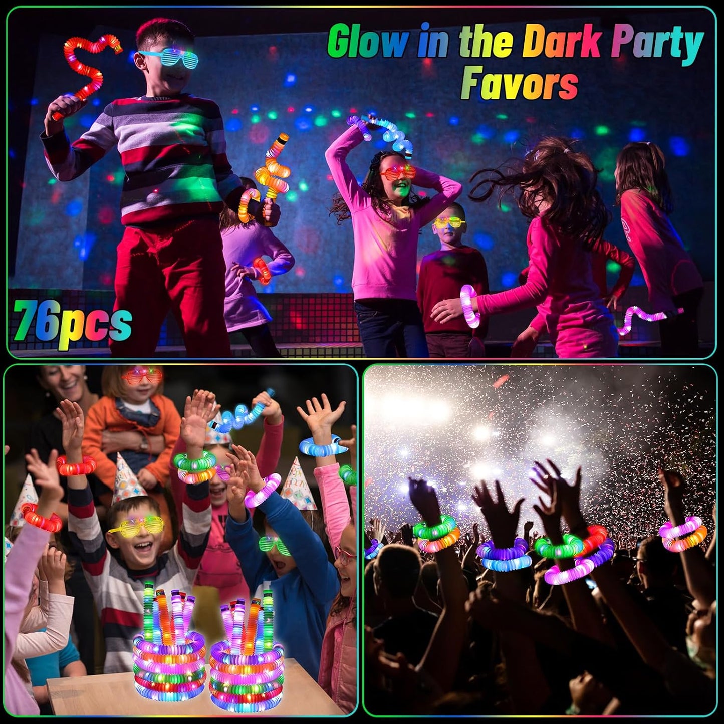 76 Pcs Glow Light Up Pop Tubes &LED Glasses Sticks Party Favors, Glow Bracelets Necklaces Camping Toys, Rave Neon Flashing Glasses for Birthday Return Gift Goodie Bag Christmas Stuffer School Prizes