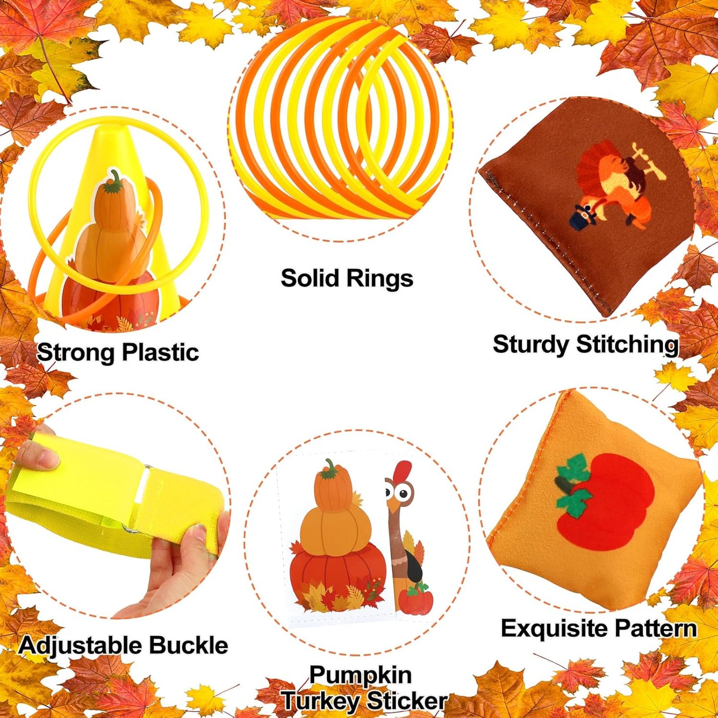 4 in 1 Fall Festival Thanksgiving Party Games with Ring Toss, Plastic Cones, Bean Bags, 3-Legged Race Bands, Thanksgiving Games for Family Boy Girl Adult Carnival Friendsgiving Outdoor Yard Activities