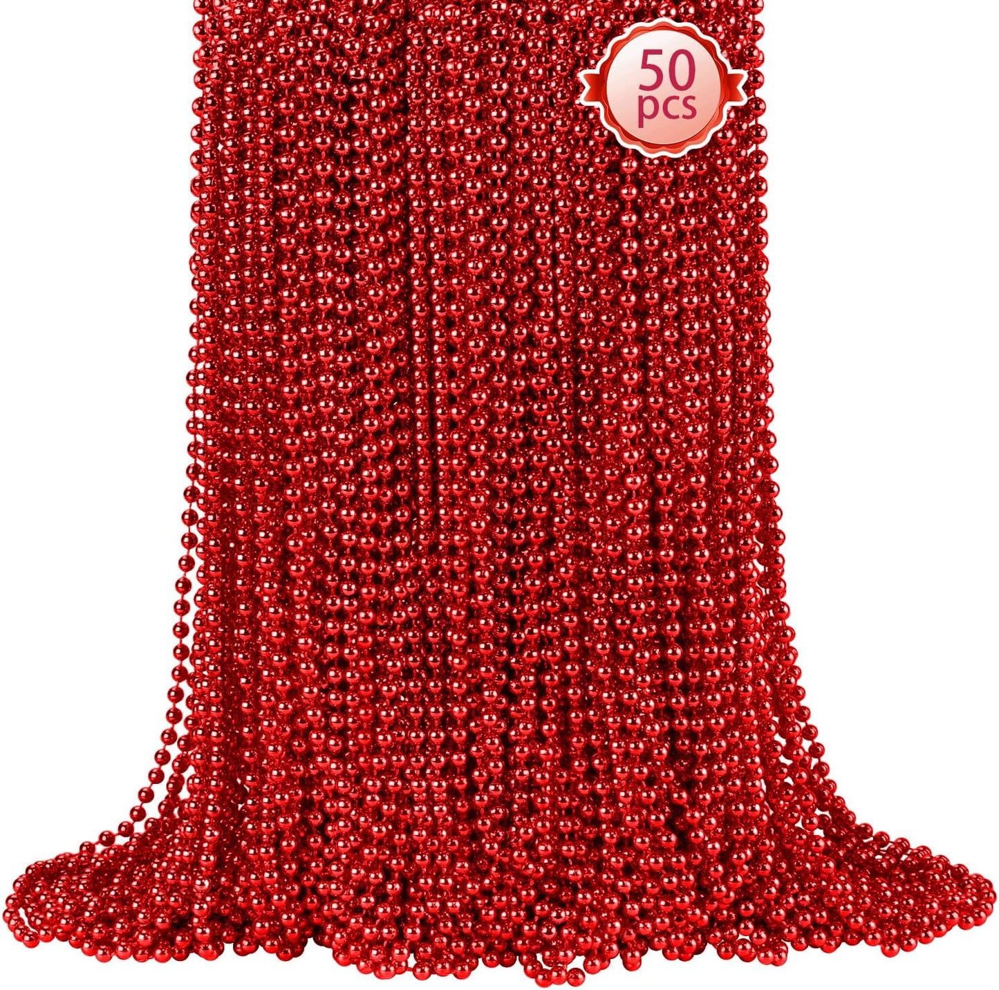 50 PCS Red Mardi Gras Beads, Red Beads Necklaces Christmas Necklace 33" Metallic Beaded Costume Necklace Party Necklaces for Valentines Christmas Parade Throws Wedding Birthday Party Favors