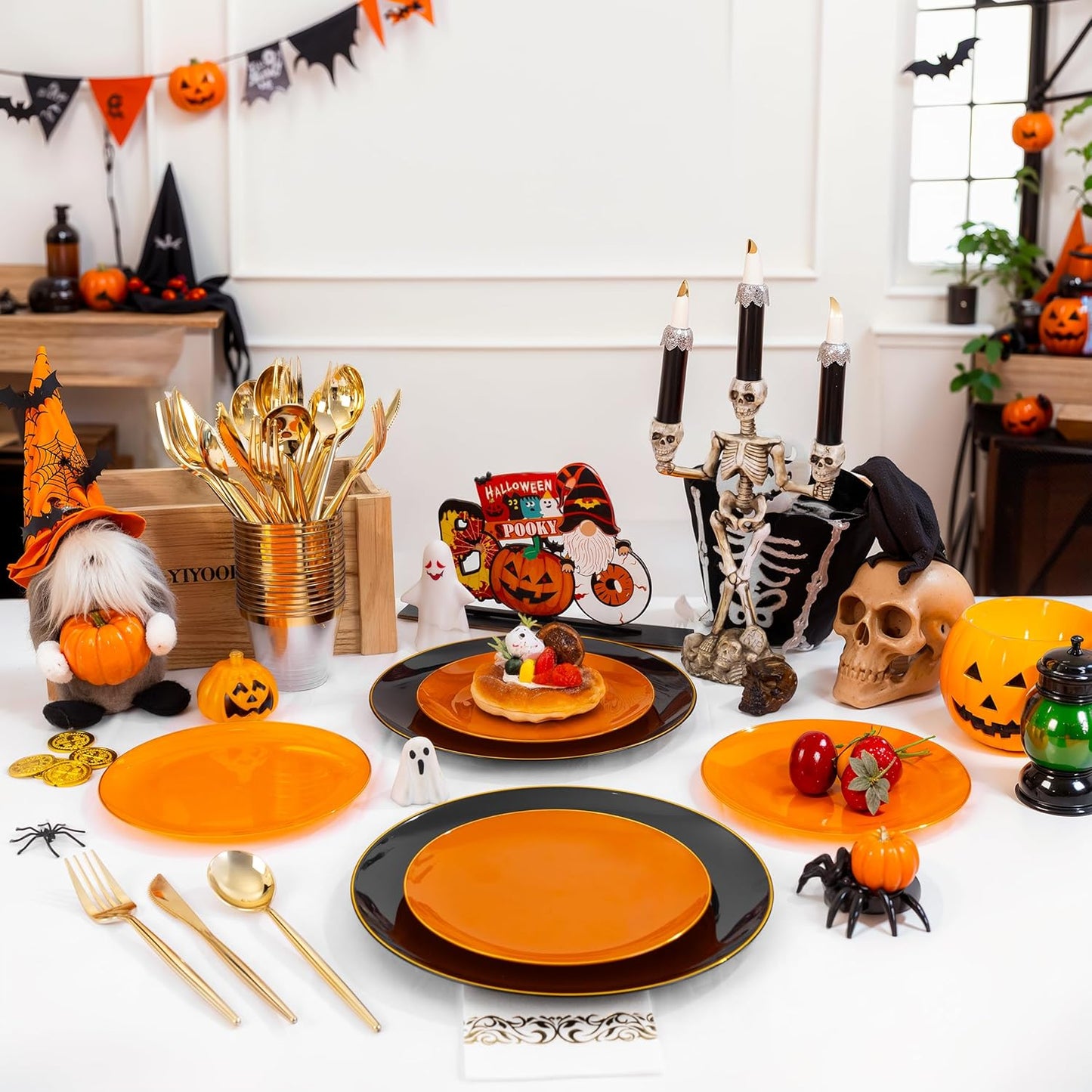 MirthMood 210PCS black and orange Plastic Plates,Black Disposable Plates –Plastic Plates Set Includes 30 Dinner,30 Dessert Plate,30 Cup&30 Napkins, 30 Gold Silverware for Wedding& Parties& Halloween