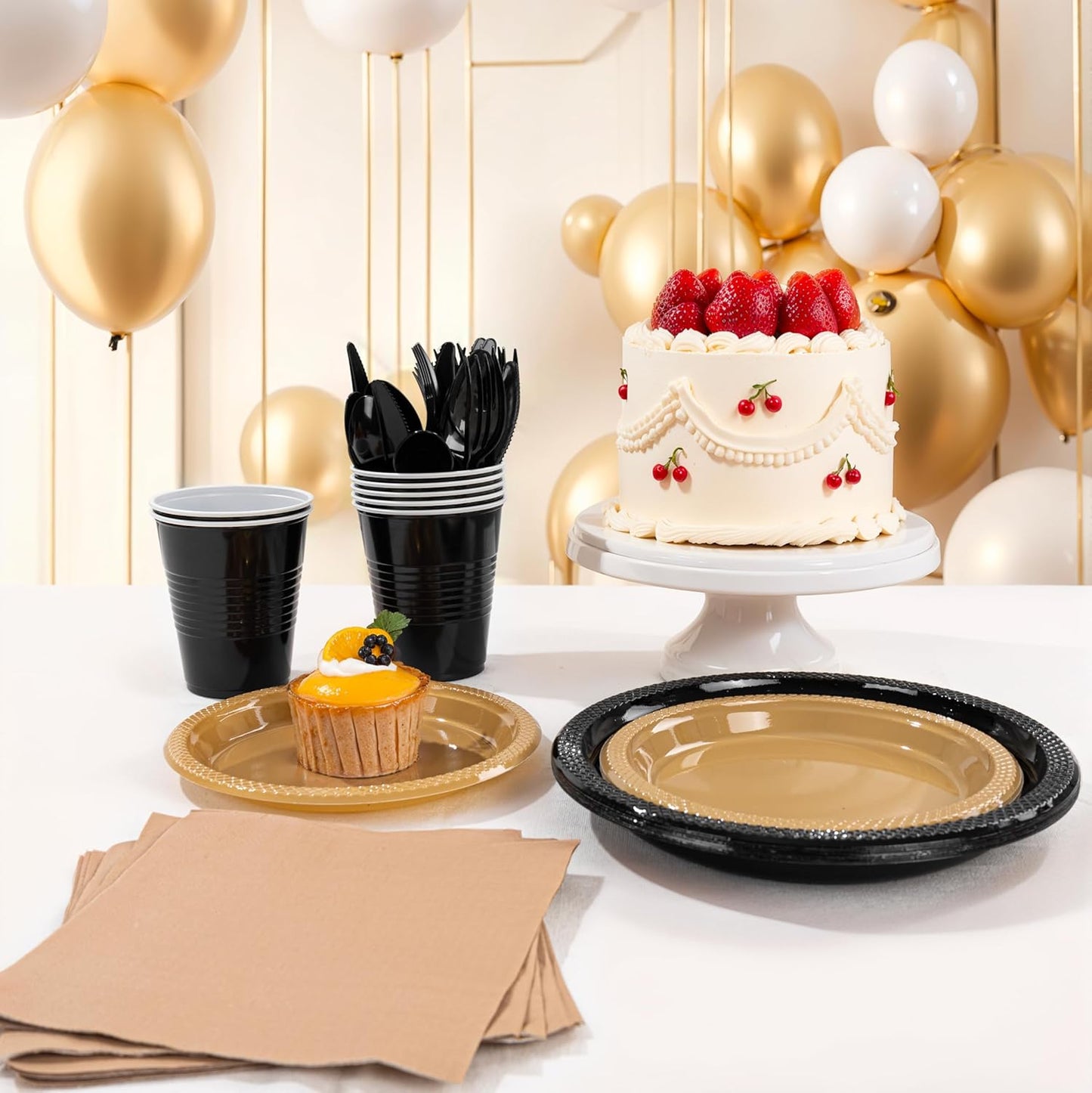 MirthMood 350PCS Black and Gold Plastic Plates,Black Disposable Plates –Plastic Plates Set Includes 50 Dinner,50 Dessert Plate,50 Cup&50 Napkins, 50 Black Silverware for Wedding& Parties& Halloween